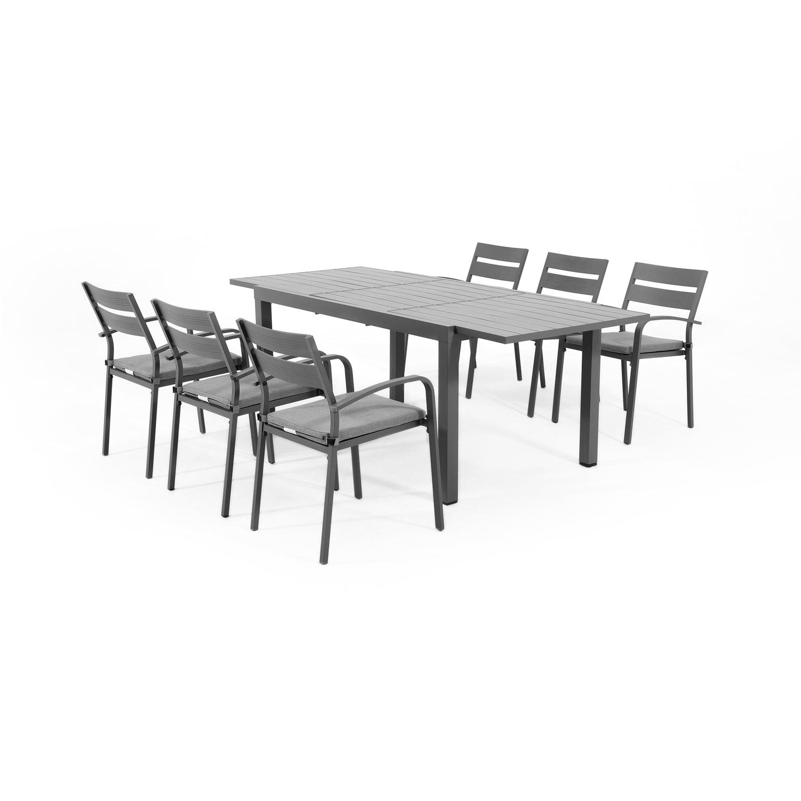 Salina Modern Aluminum Outdoor Furniture, Grey Aluminum Frame Outdoor dining set for 8, Extendable dining table- Sunsitt Furniture #color_Dark Grey