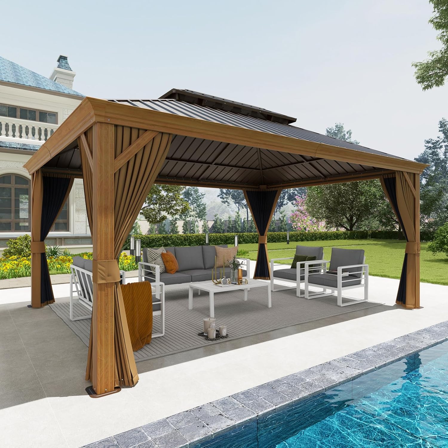 12*16 FT Double Roof Hardtop Gazebo Aluminum Frame, Wood Grain Frame, with curtains - Sunsitt Premium Modern Outdoor Patio Furniture