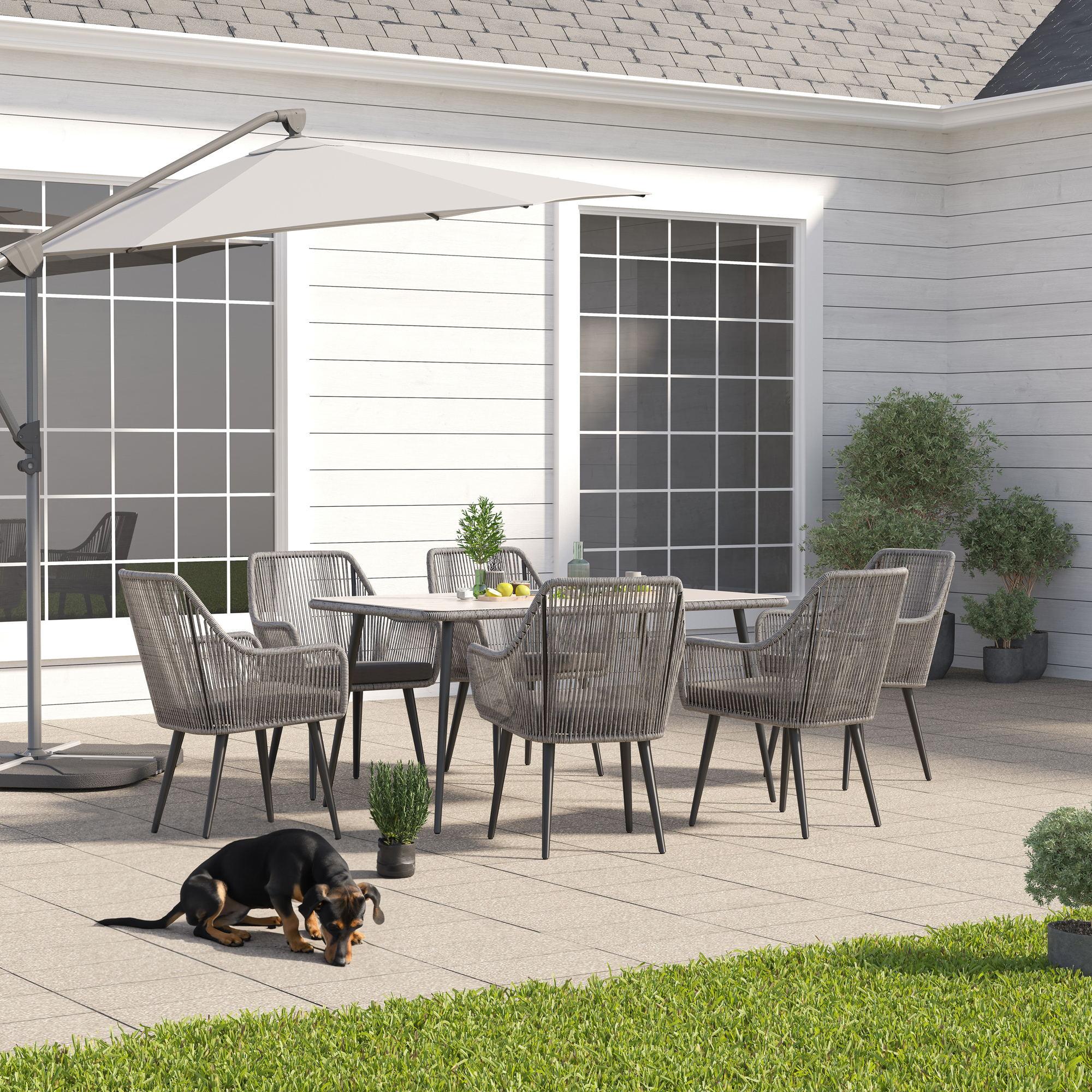 Hallerbos Modern Wicker Outdoor Furniture, grey 6-person Outdoor Dining Set with steel frame, grey cushion- Sunsitt Furniture #Color_Grey