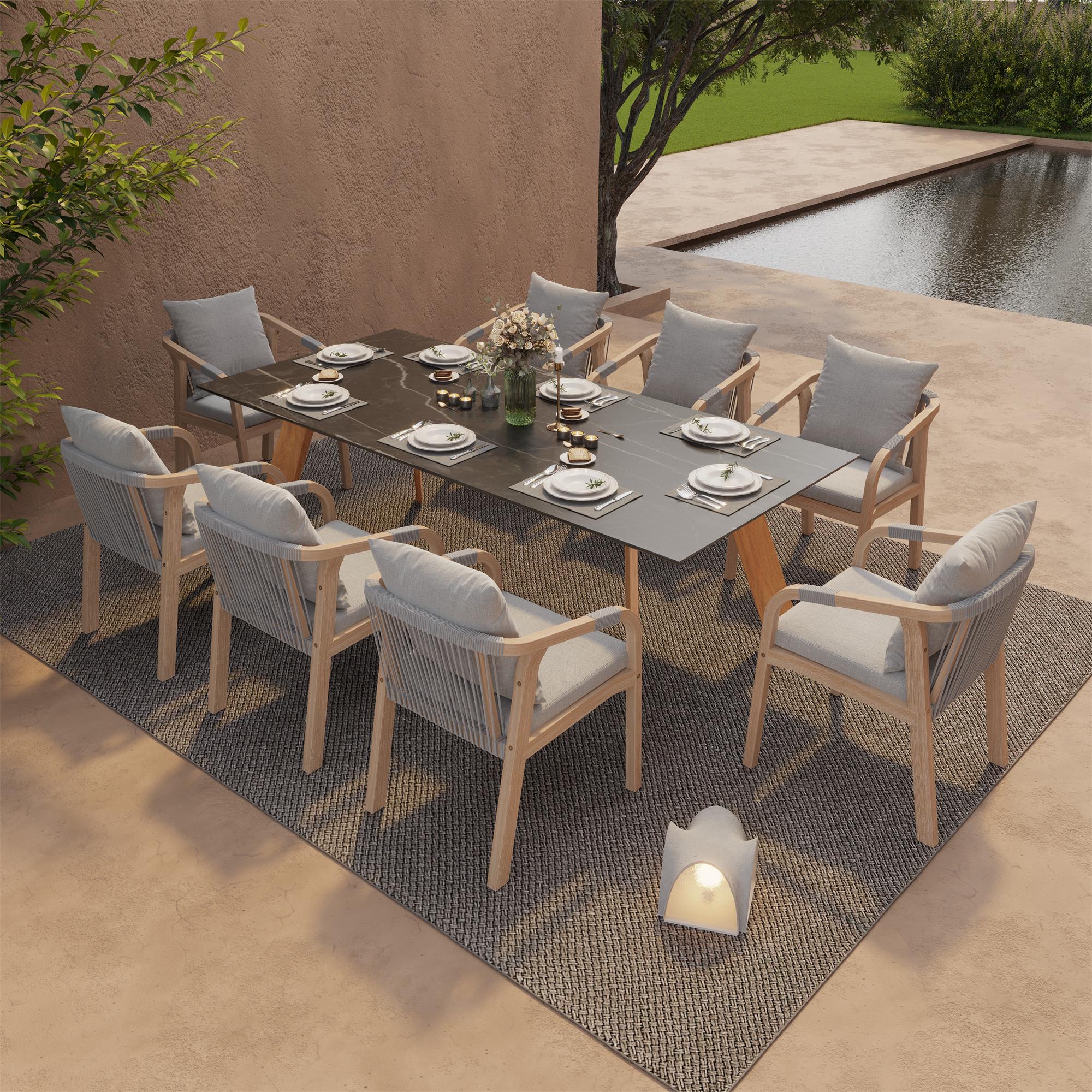Thalea & Plena 8 Person Wooden Outdoor Dining Set with Laguna Stone Table, 90.6''; Teak wood Leg