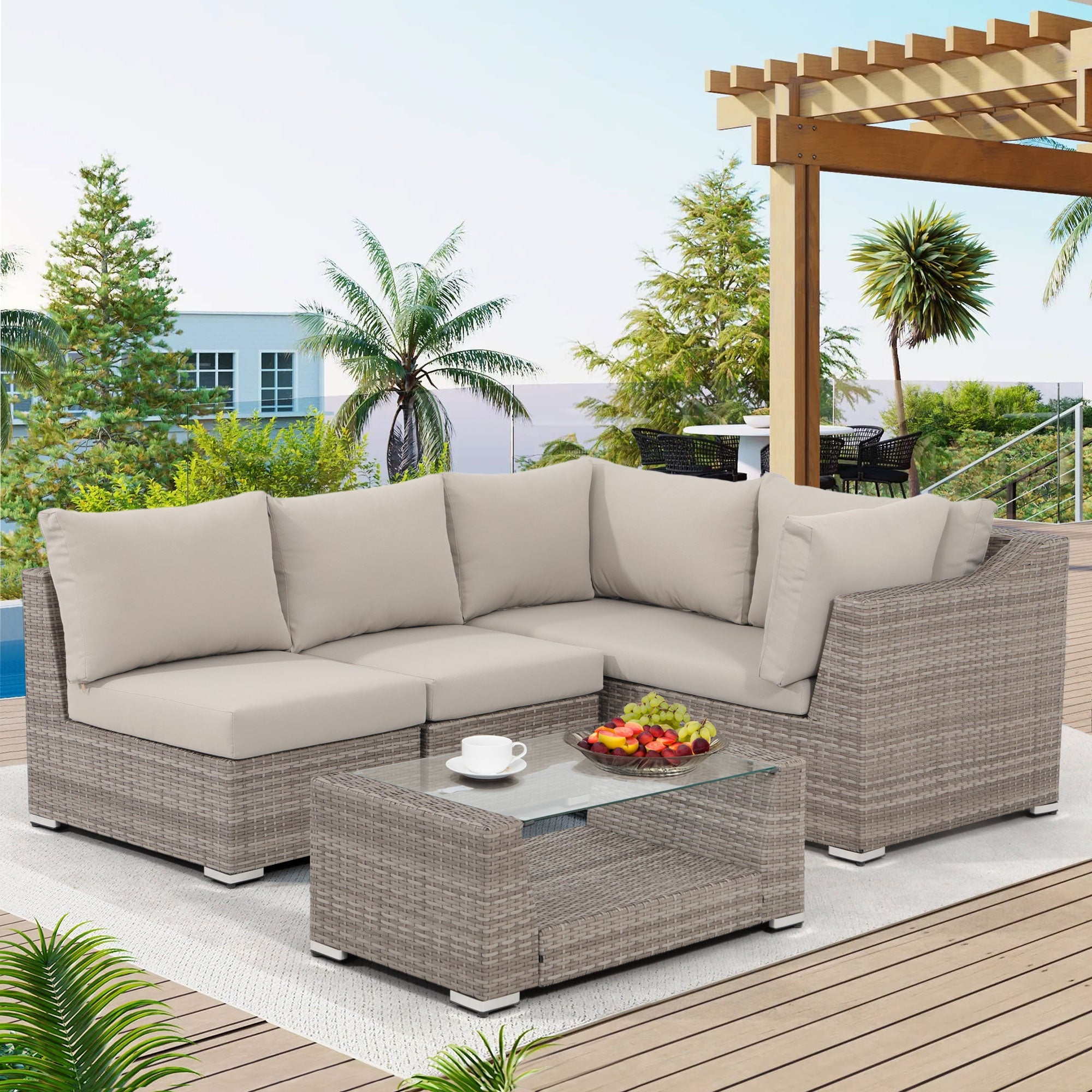 Elba 4-Seater Light Grey Rattan Outdoor Sectional with Coffee Table, Space Saving Design