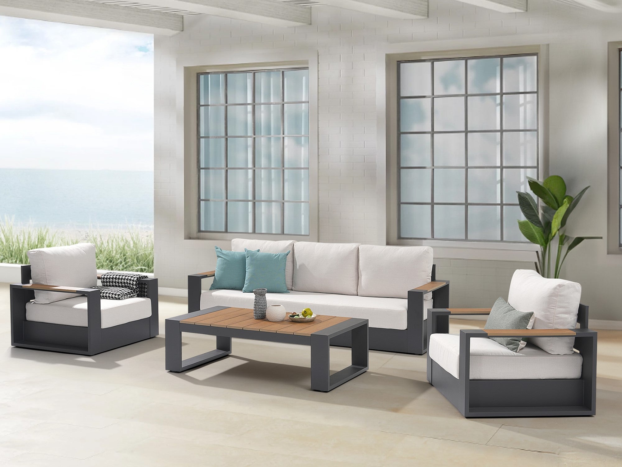 5-seats Modern Metal Outdoor conversation sofa set, Dark Grey Aluminum Frame, White Cushions, a 3-seat sofa, two single sofa armchairs with wood-top armrests, a rectangular outdoor coffee table with wood-top - Sunsitt Premium Modern Outdoor Patio Furniture Set