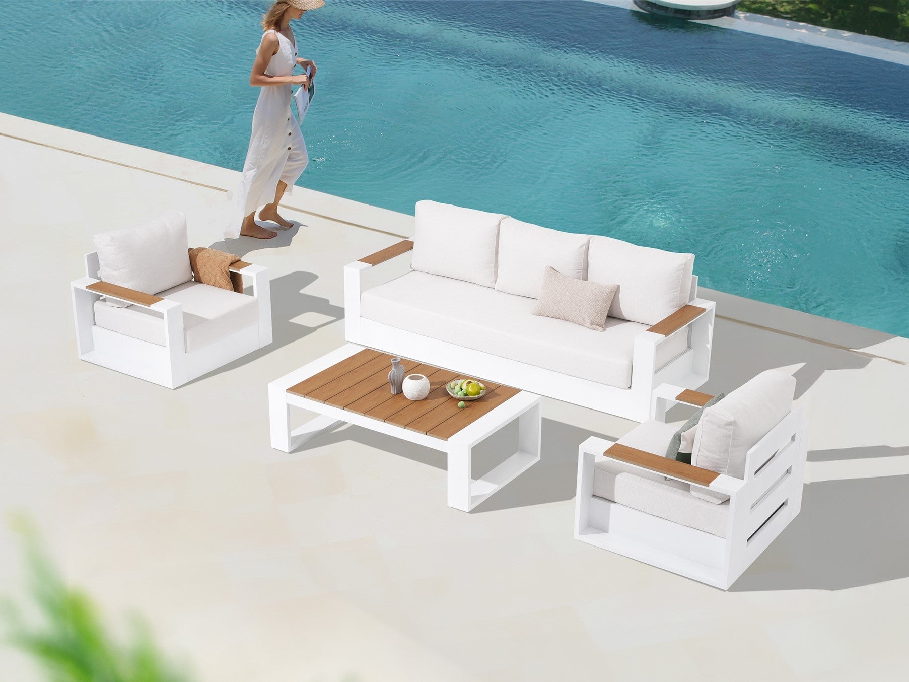 Addison 5-seats outdoor conversation seating sets, white aluminum frame, wood armrest and tabletop, white thick cushions - Sunsitt Premium Modern Outdoor Patio Furniture