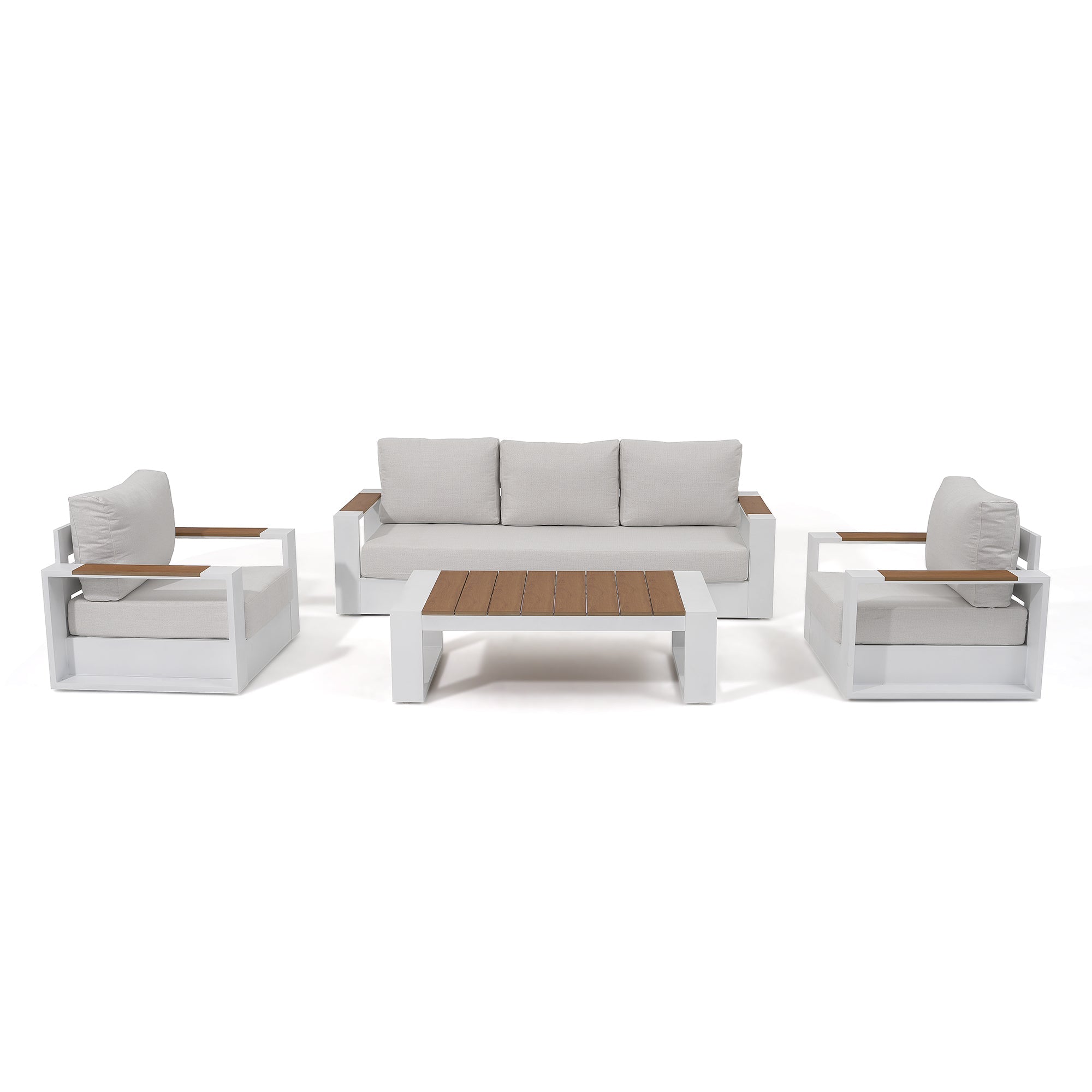 Addison 5-seats outdoor conversation seating sets, white aluminum frame, wood armrest and tabletop - Sunsitt Premium Modern Outdoor Patio Furniture