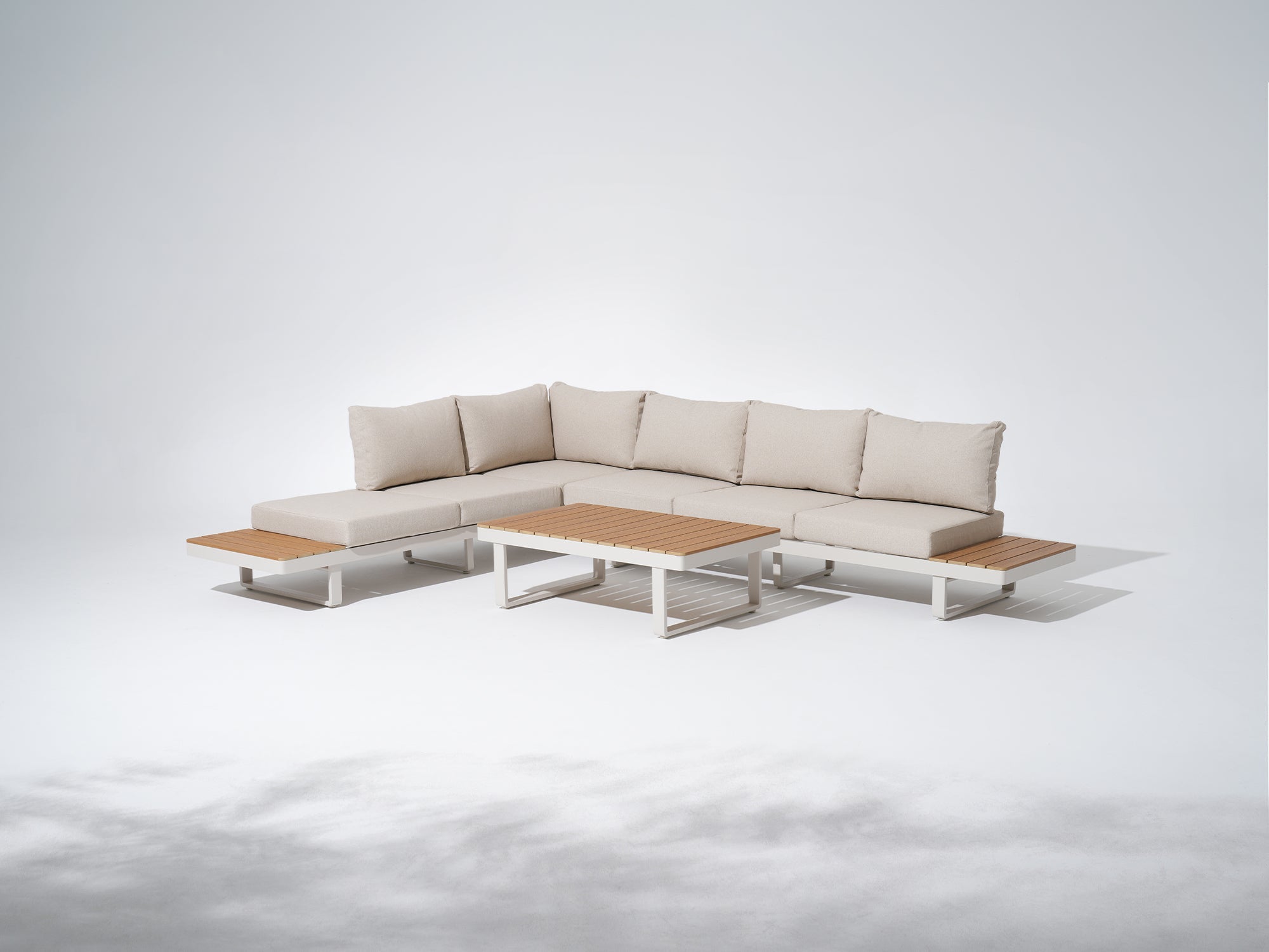Addison Sectional outdoor sofa with wooden tables, white aluminum frame and thick cushions