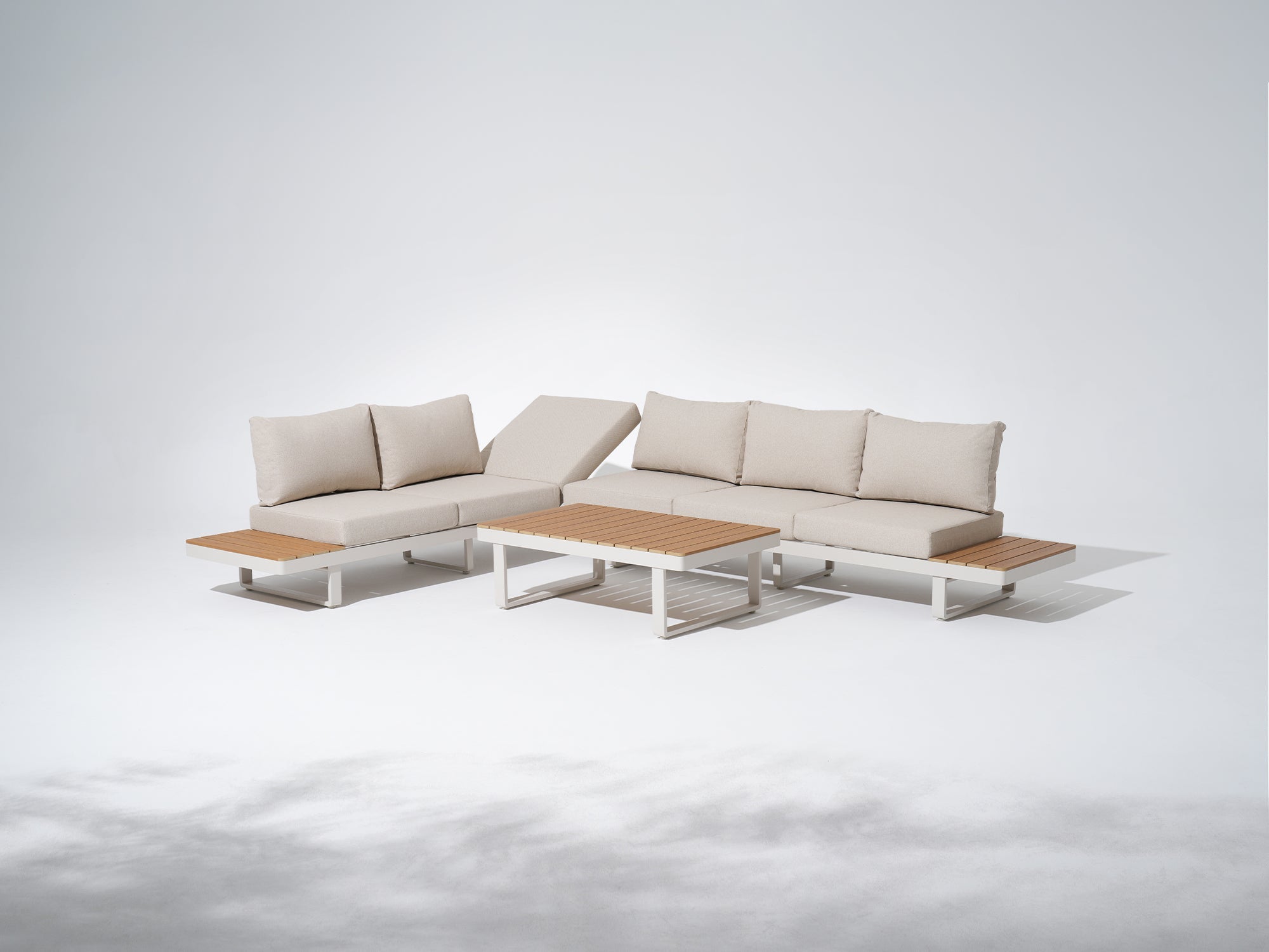Addison white aluminum outdoor sectional sofa with adjustable layouts, wooden tabletop