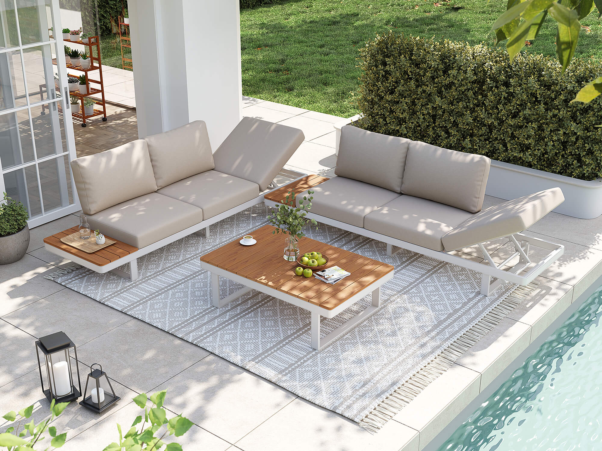 Addison Modern Outdoor Aluminum L-Shape Sectional Sofa Set, Champagne Frame & Linen Beige Cushions