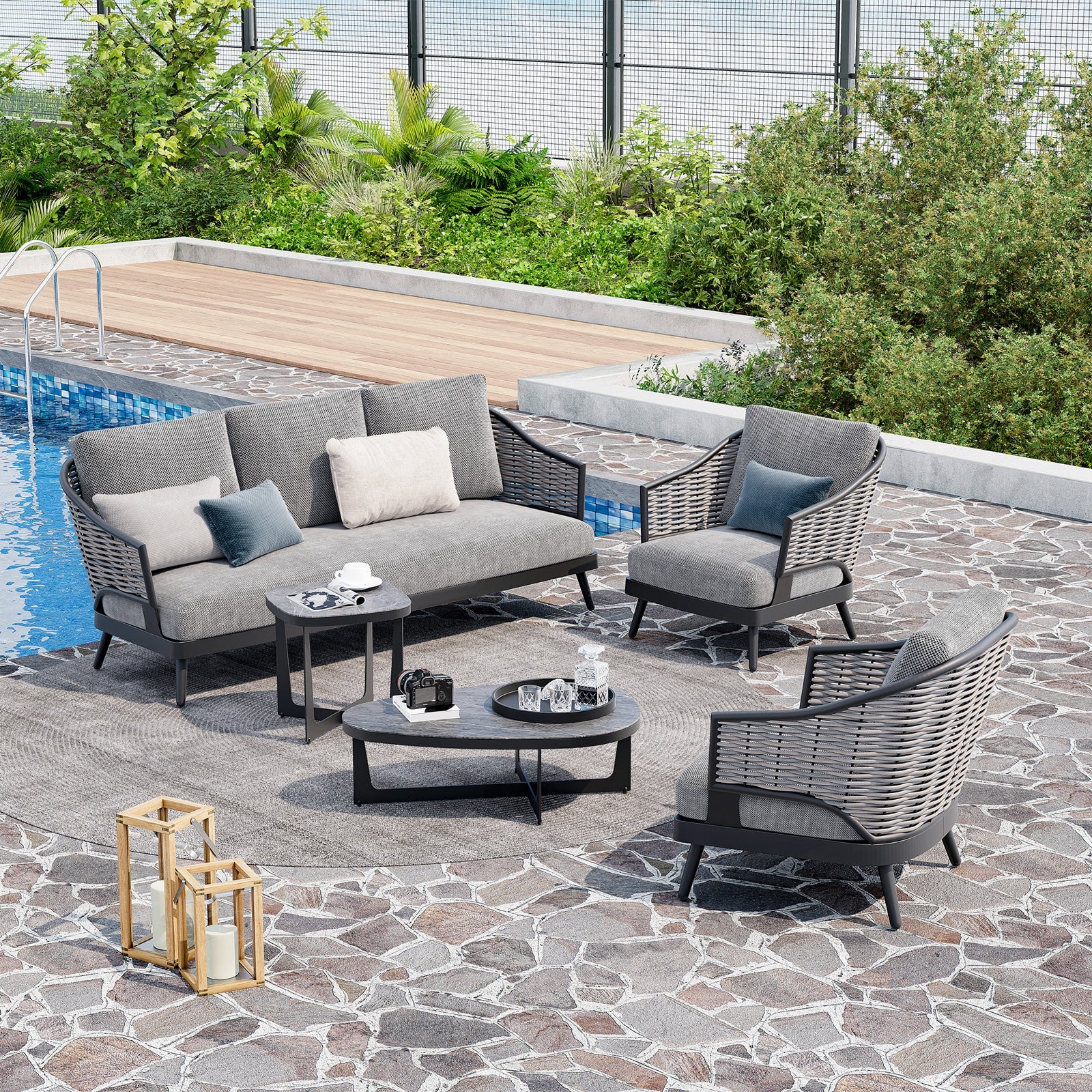 Burano 5-Piece Grey Aluminum Patio Sofa Set with 2 Coffee Tables