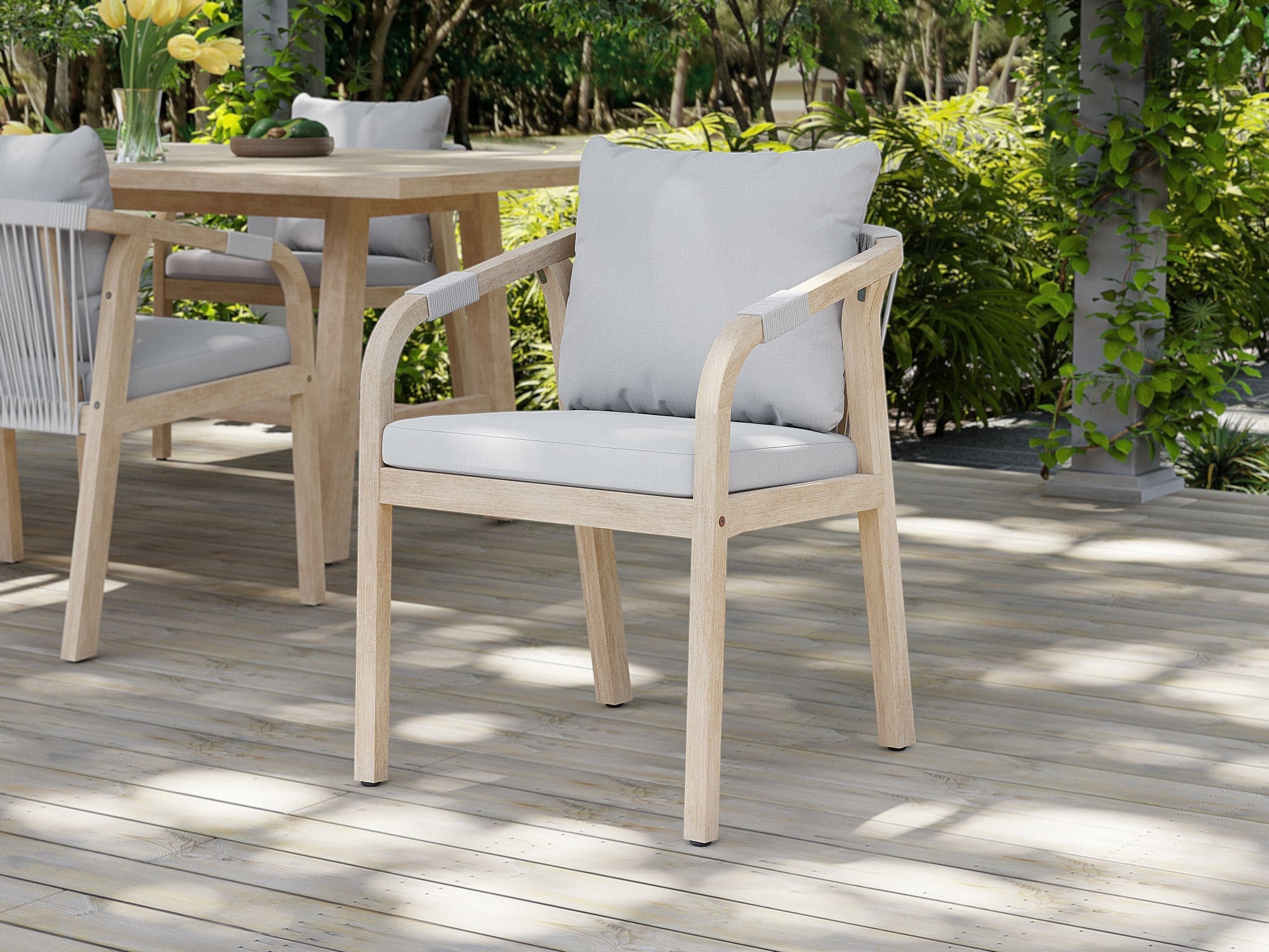 Thalea modern Outdoor dining set, wooden frame and rope design chairs detail