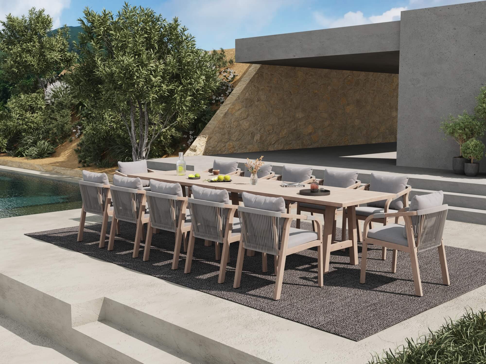 Thalea Rectangular Wooden Outdoor Dining Set with Light Grey Cushions, 12 Seats