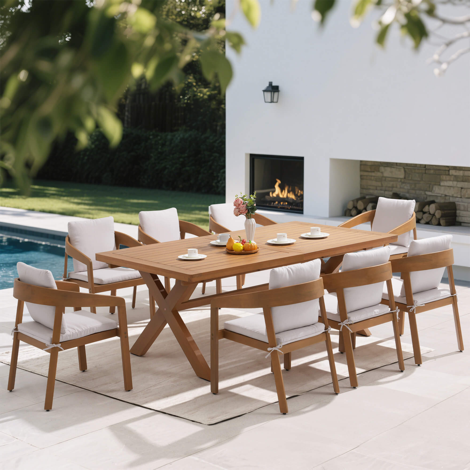 9-pc Outdoor dining set with wooden table and chairs near a pool and fireplace - Sunsitt’s Modern Premium Outdoor Furniture