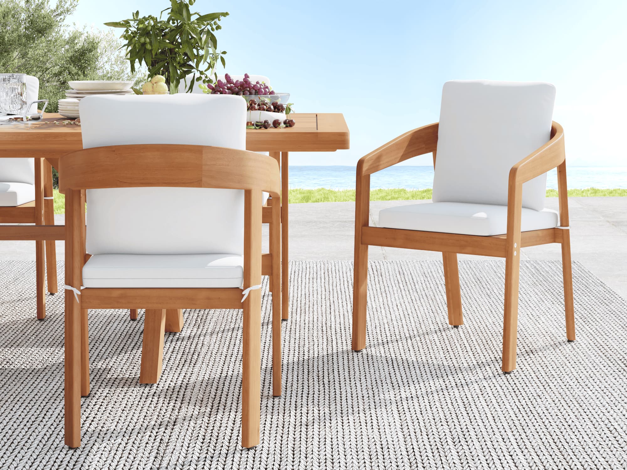 Drift Wooden Outdoor Dining Chairs With Curved Backrest, White Cushions, Set of 2/4/6