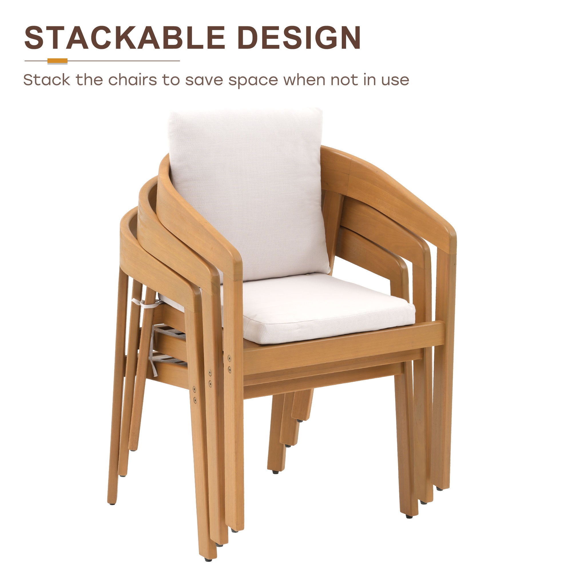 Stackable wooden chairs with white cushions - Sunsitt’s Modern Premium Outdoor Furniture