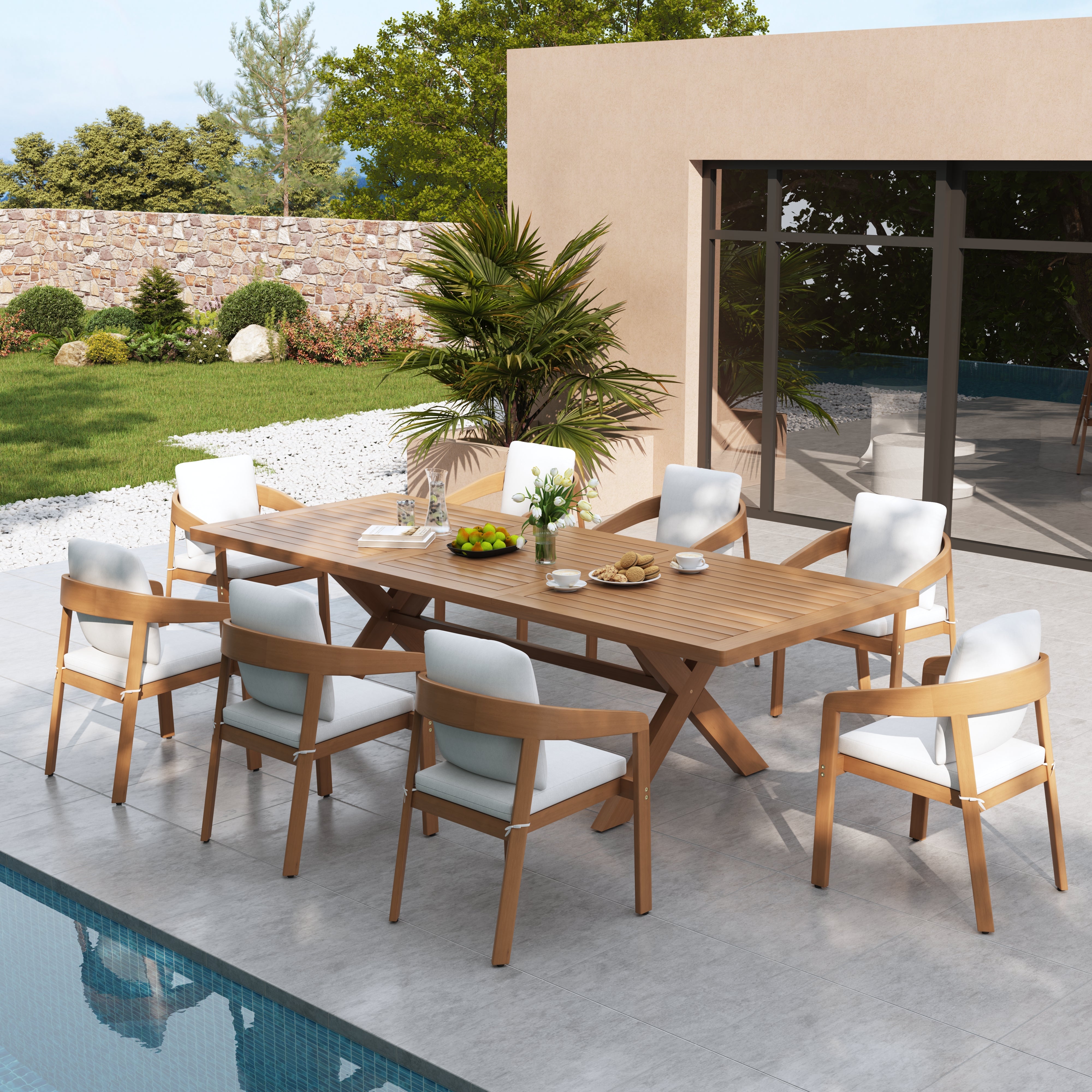 9pcs Outdoor dining set with eucalyptus wooden table and chairs by a poolside - Sunsitt’s Modern Premium Outdoor Furniture