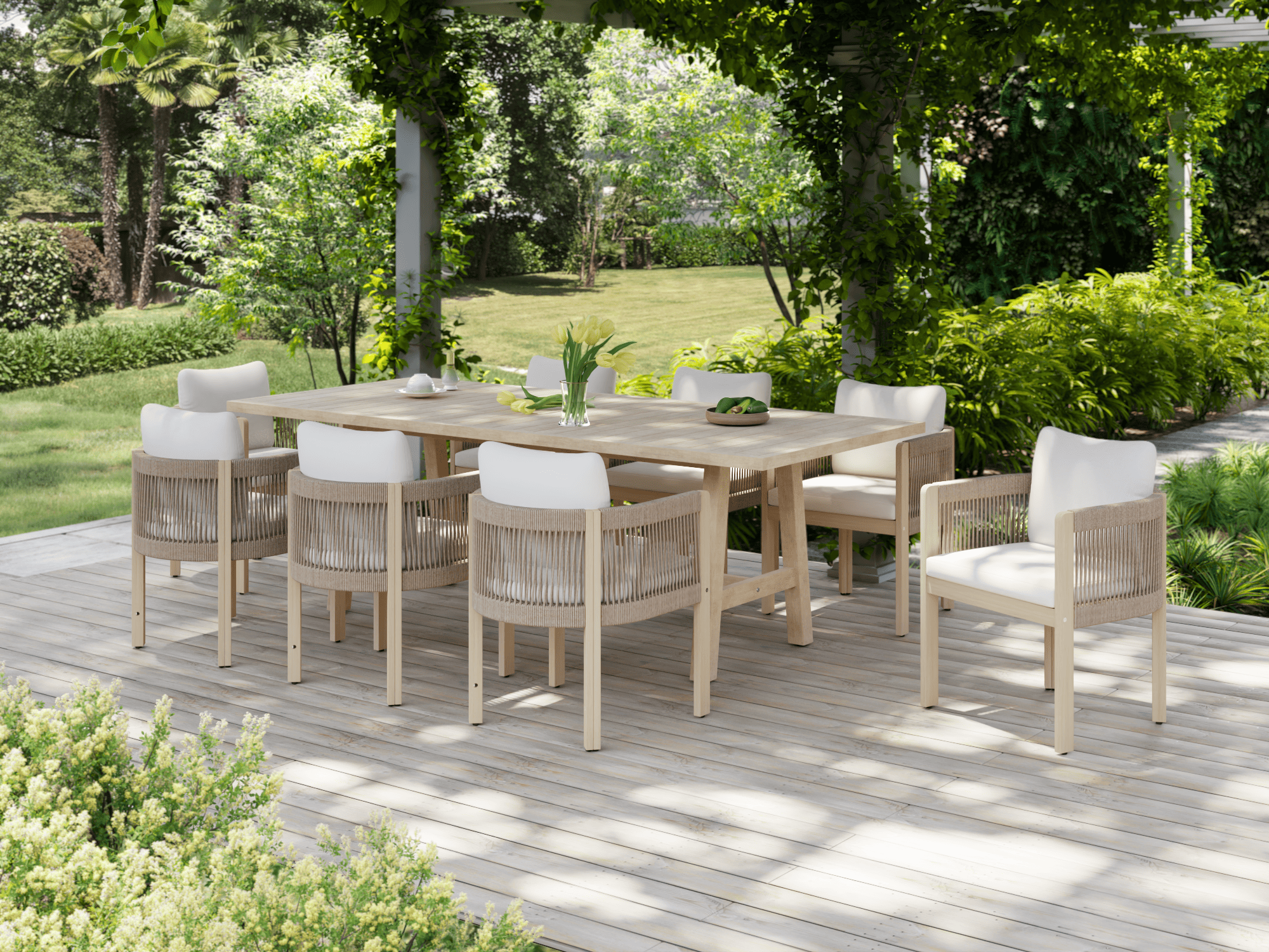 9pcs Outdoor patio dining set with a table and chairs on a wooden deck surrounded by greenery - Sunsitt Modern Premium Outdoor Patio Furniture Sets