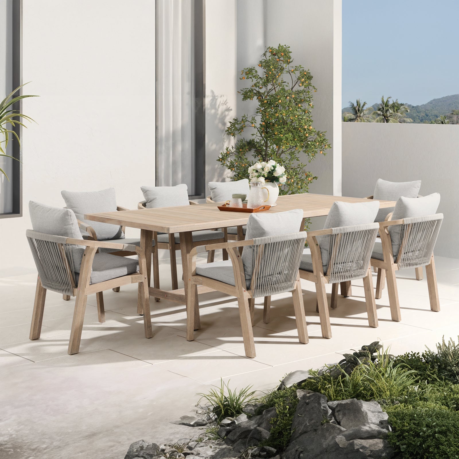 Thalea Rectangular Wooden Outdoor Dining Set for 8 People, 90.6''