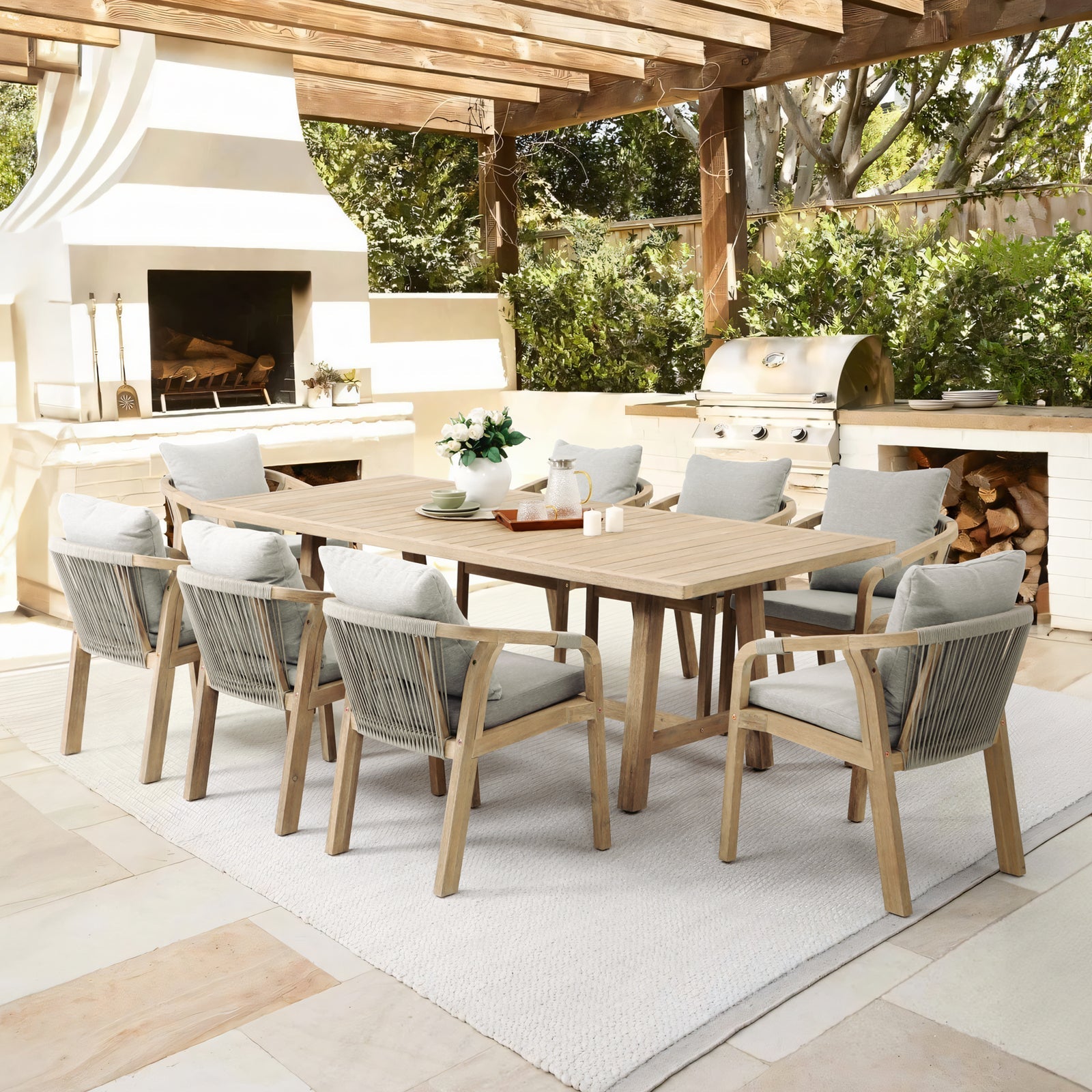 Thalea Rectangular Wooden Outdoor Dining Set for 8 People,  90.6''