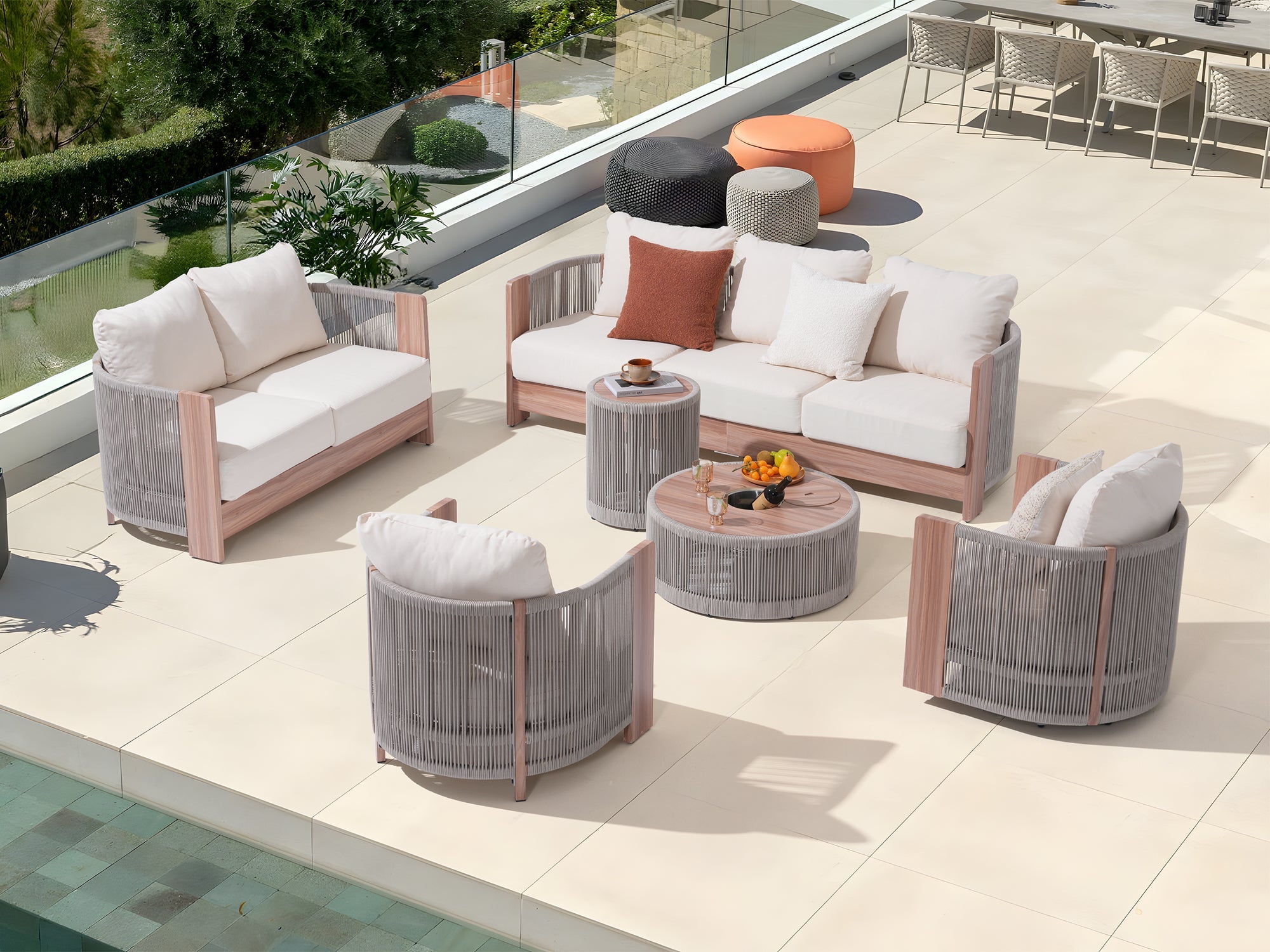 Irati 7 seats Rope Outdoor Seating Set with a side Table and a round coffee table, Built-in Storage Space -  Sunsitt Premium Modern Outdoor Patio Furniture