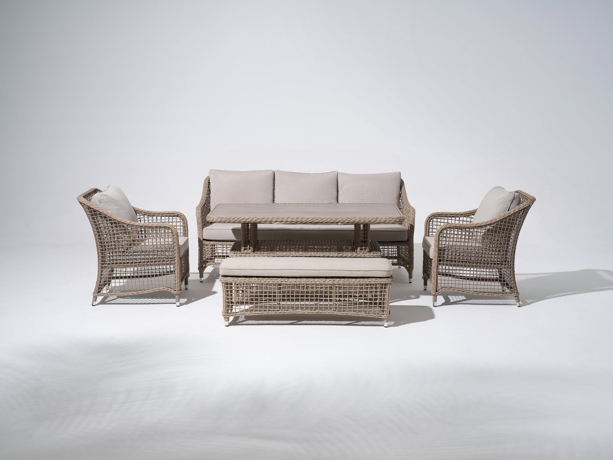 Natural Aluminum 5-pcs outdoor conversation seating set with beige seat cushions and back cushions, a 3-seat sofa, two arm single sofa chairs with hollow rattan design, an aluminum lift table that can be used as a coffee table or a dining table, a bench with cushions can seat 2 people - Sunsitt Premium Modern Outdoor Patio Furniture Set #color_Natural