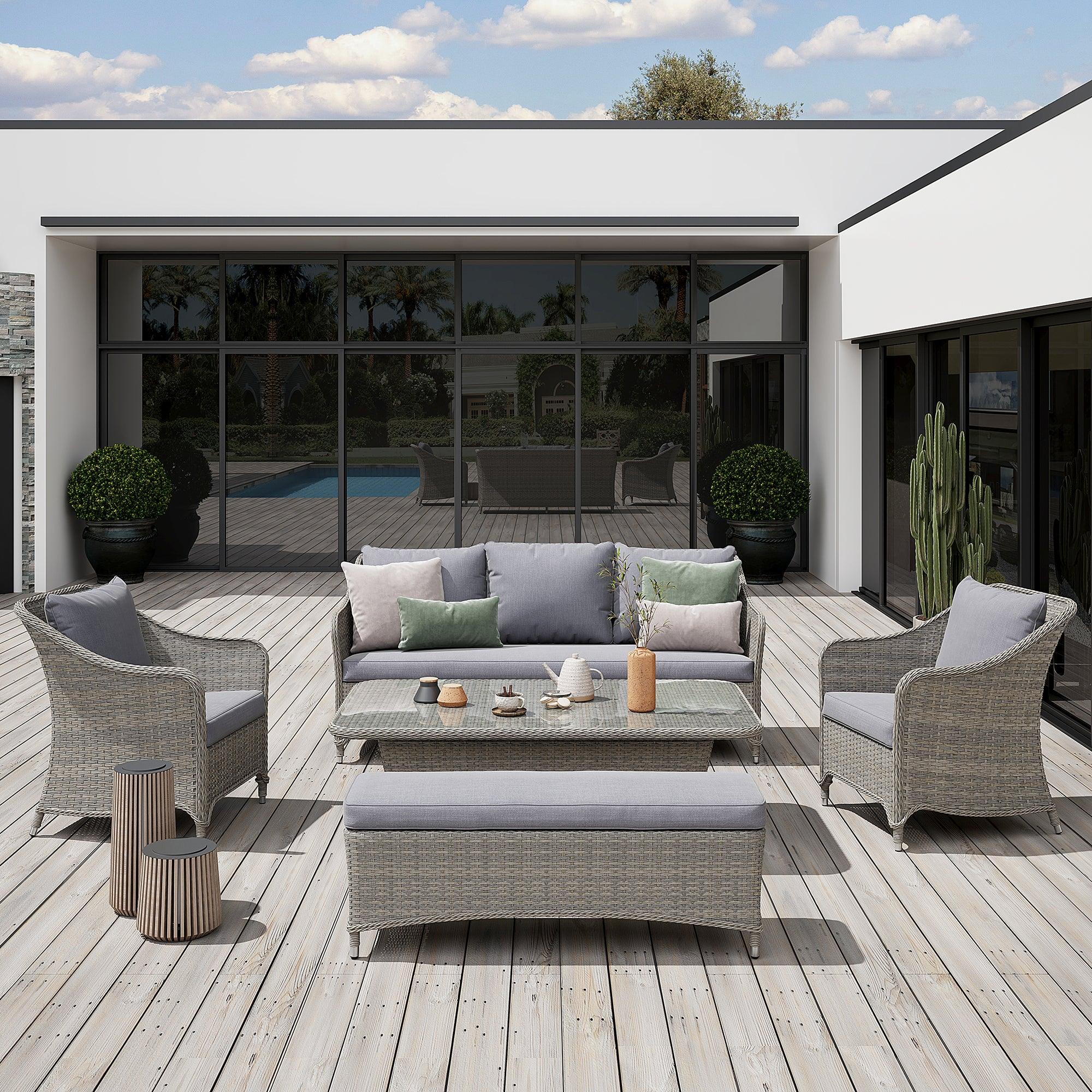 Irati 5-Piece grey wicker outdoor seating set with aluminum frame, light grey cushions, 1 three-seater sofa, 2 armchairs, 1 bench, 1 lift top dining table #color_Grey