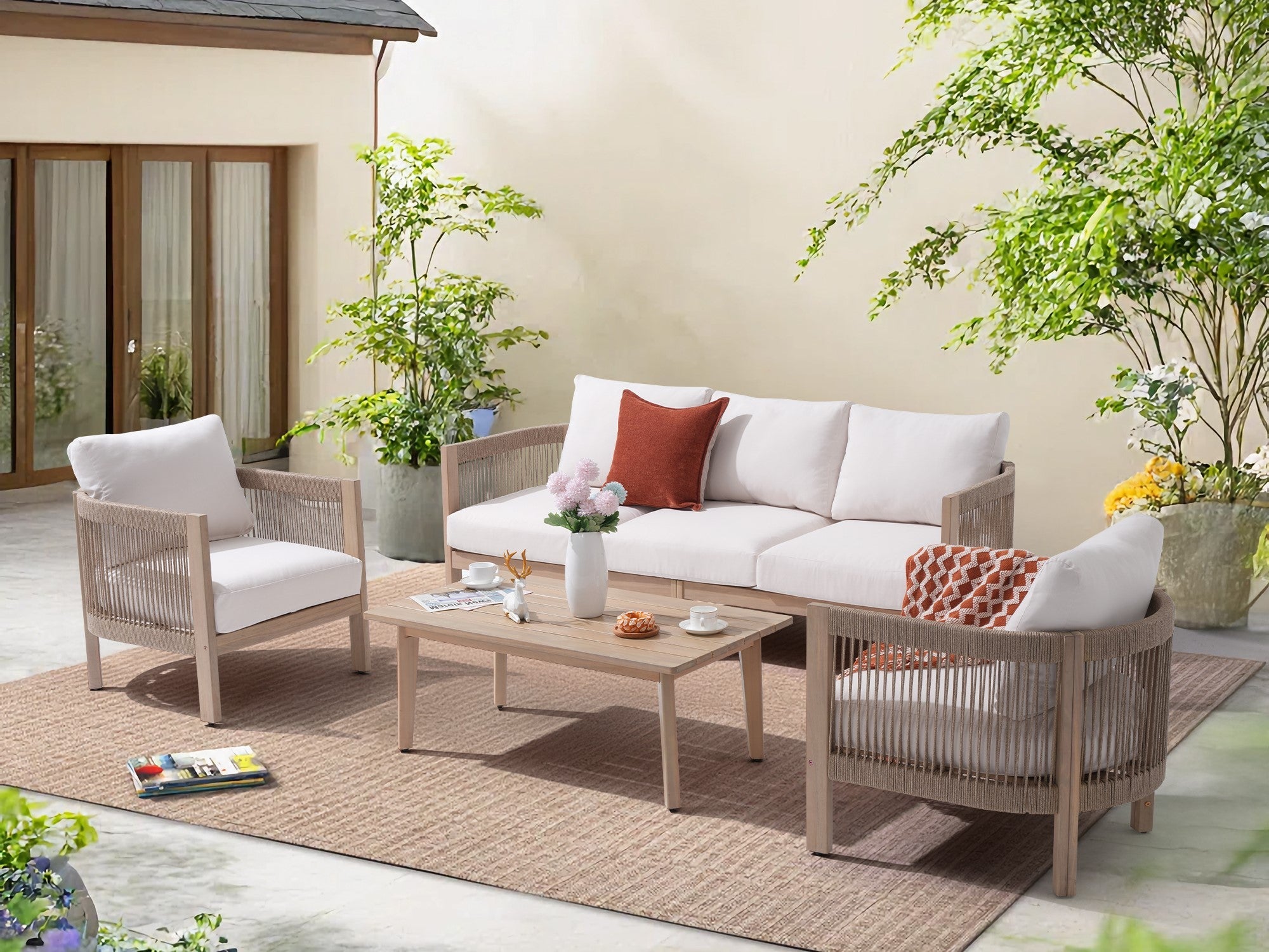 Foristern 4-Piece Wooden Outdoor Sofa Set with Rope Design