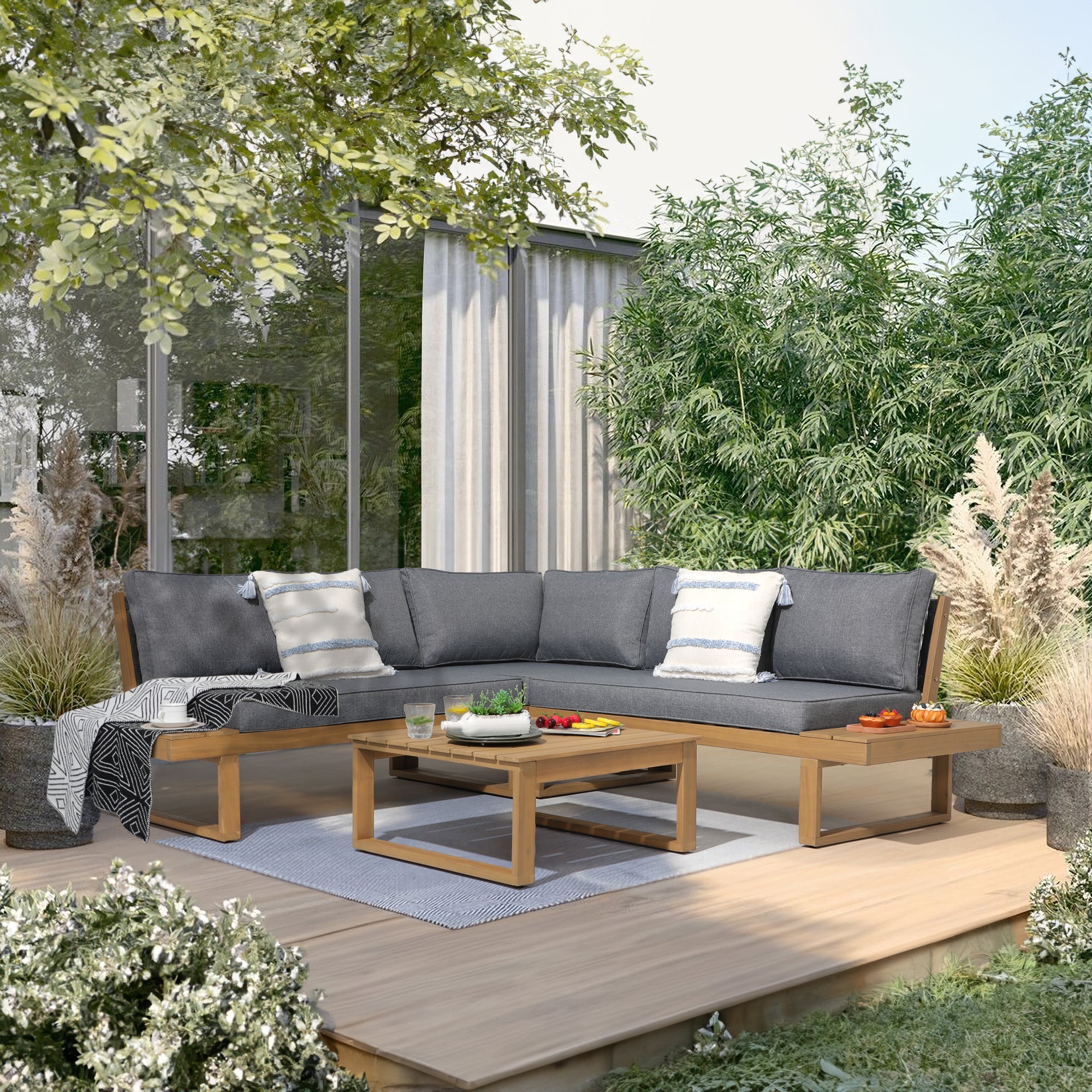 Foristern Outdoor L-Shaped Sofa Set, Wooden conversation sets, gray cushions - Sunsitt Premium Modern Outdoor Patio Furniture #color_grey