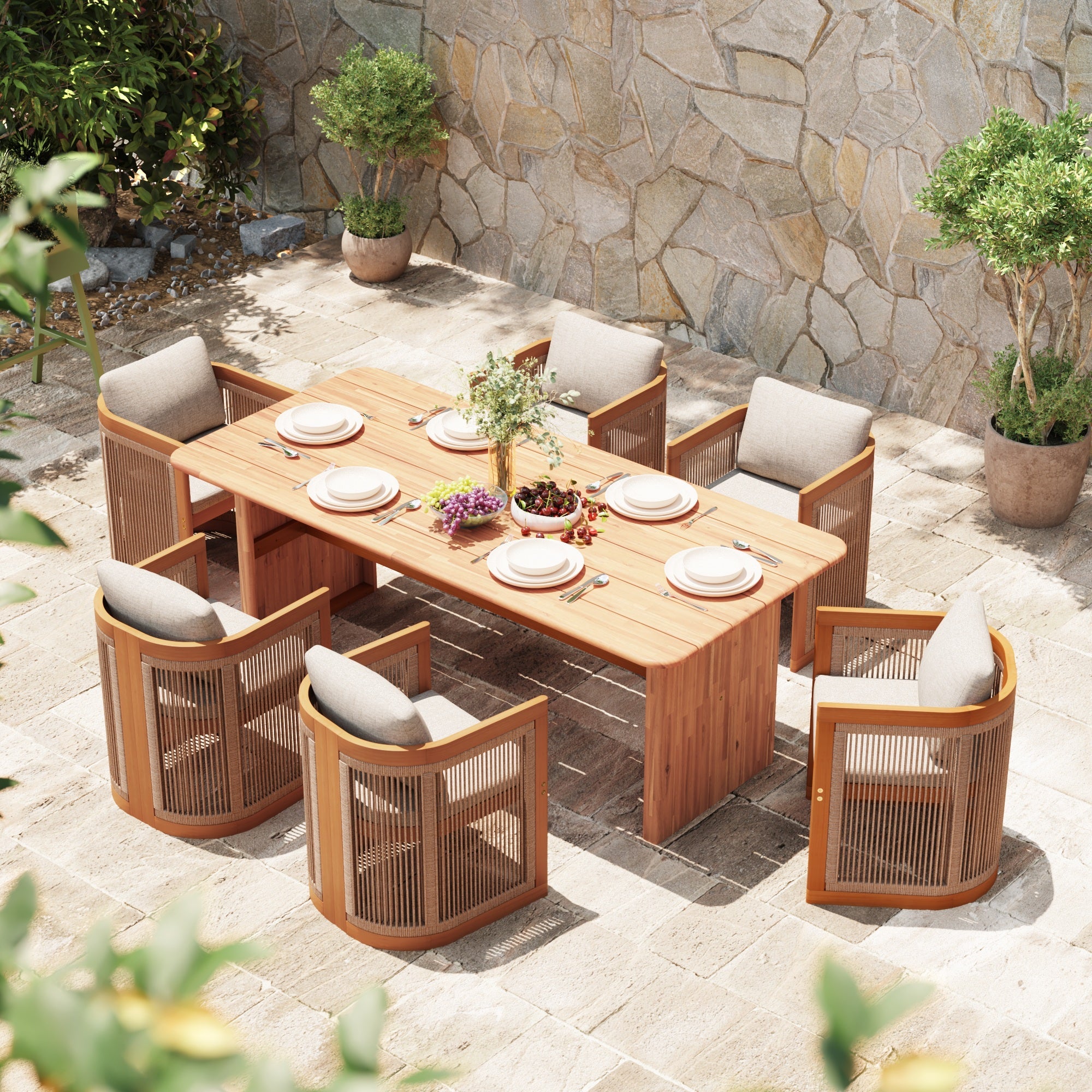 Mori Wooden Outdoor Dining Set with Nylon Cording Chairs for 6 People, 80.2'' table