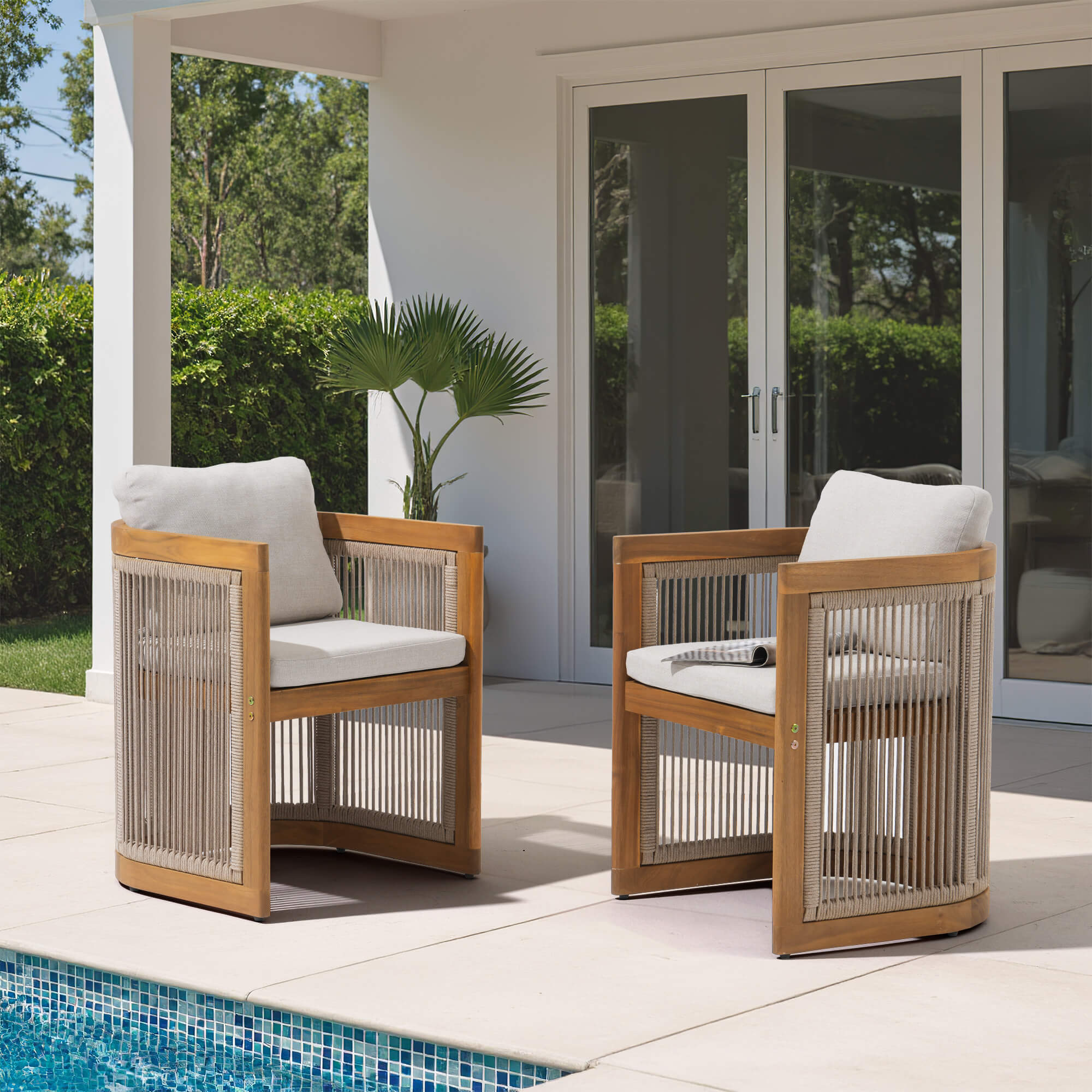 Mori Wooden Patio Dining Chairs With Rope Design, Set of 2