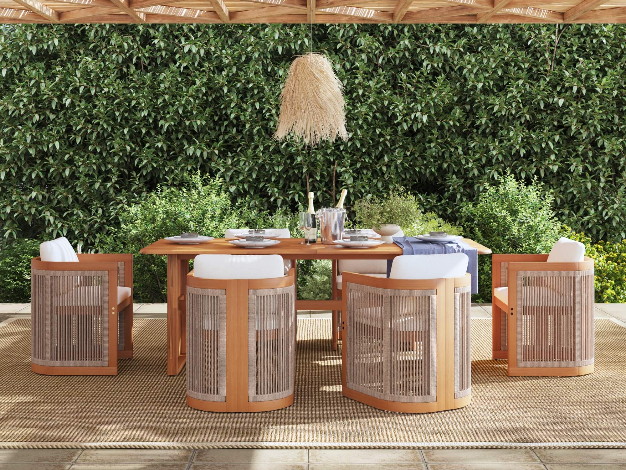 Outdoor dining setup with wooden table and chairs against a green hedge- Sunsitt Modern Premium Patio Outdoor Furniture