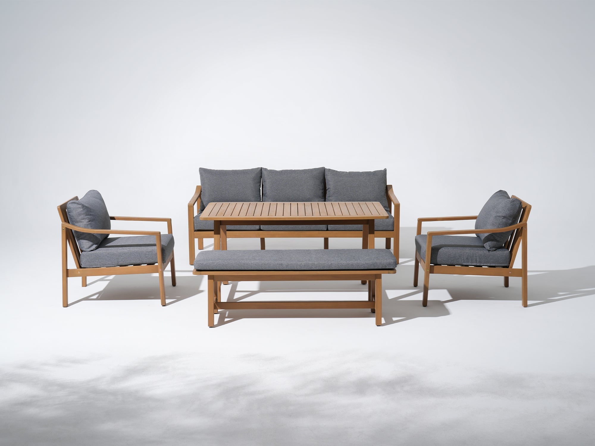 Noto 5-Piece Wooden Outdoor Conversation Set with Bench- Sunsitt Modern Premium Patio Outdoor Furniture#Color_Grey