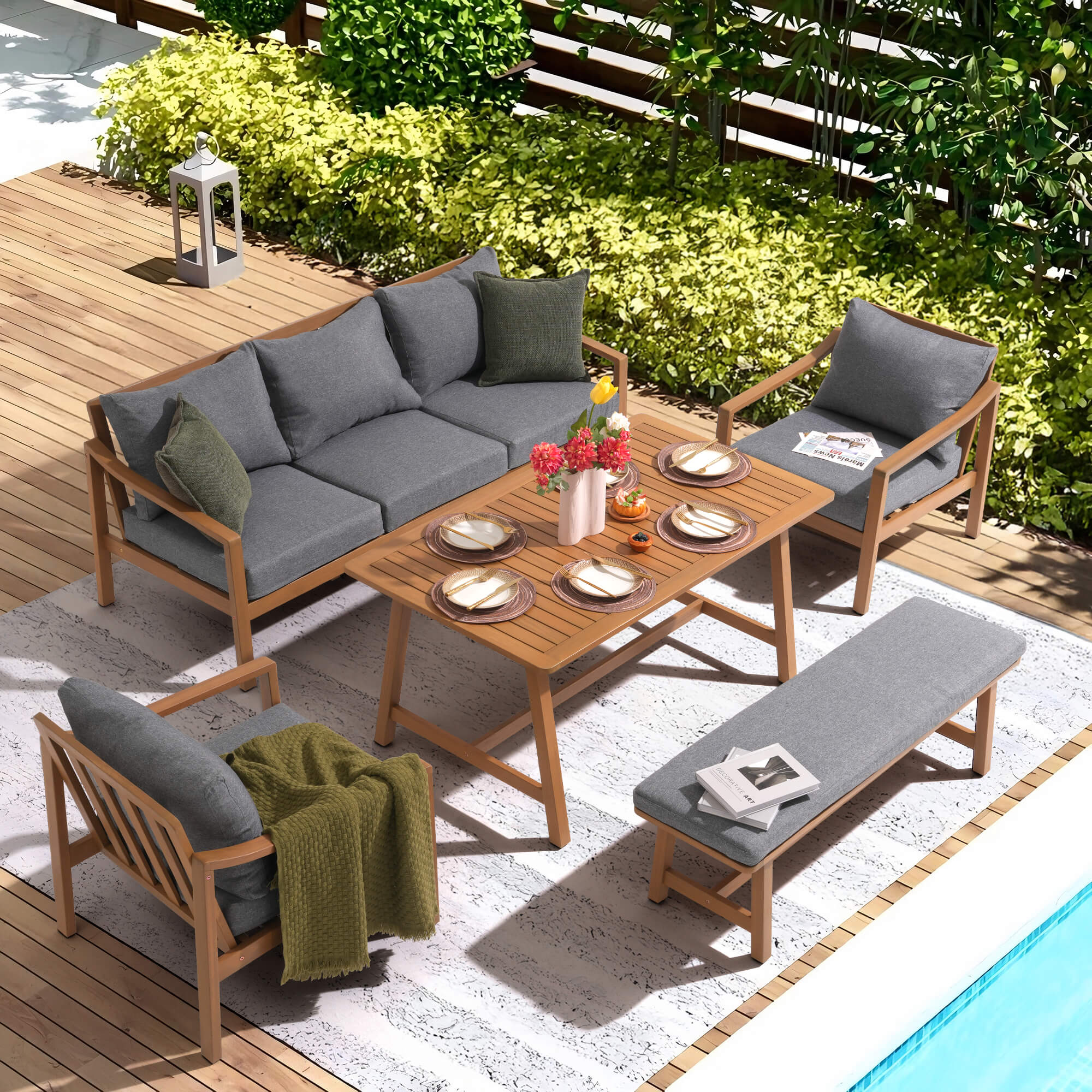Noto 5-Piece Wooden Outdoor Conversation Set with Bench and dining table- Sunsitt Modern Premium Patio Outdoor Furniture#Color_Grey