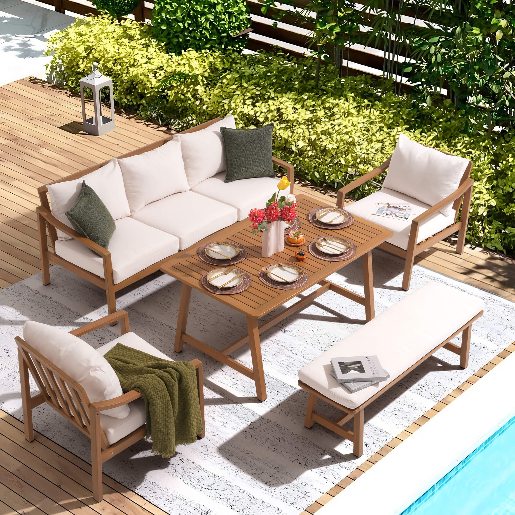 Noto 5-Piece White Wooden Outdoor Conversation Set with Bench and dining table- Sunsitt Modern Premium Patio Outdoor Furniture