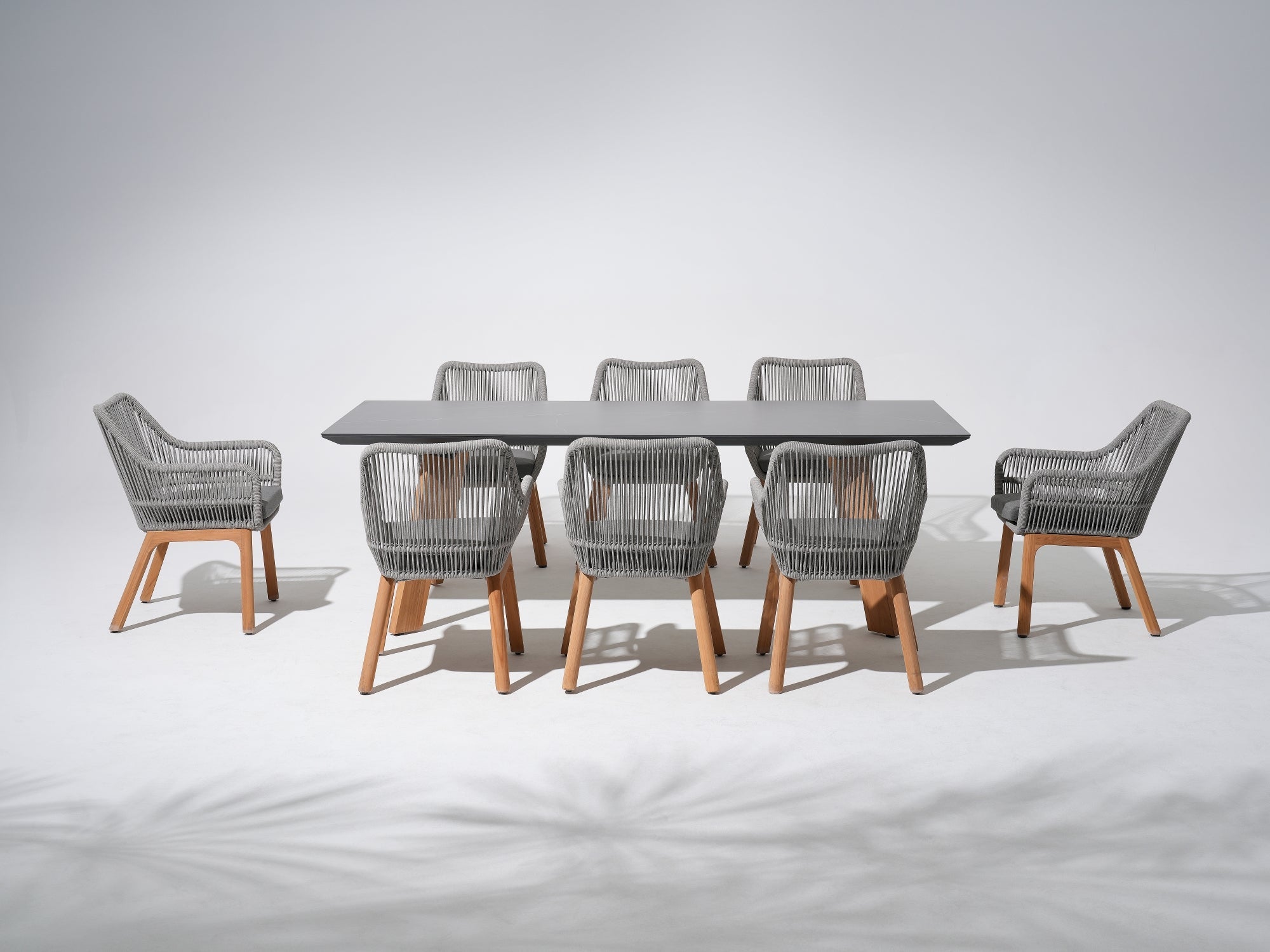 Outdoor Patio Dining Set For 8 with cushions,  Teak frame, Sintered Stone rectangular outdoor dining table and 8 patio dining chairs with gray rope design and gray cushions - Sunsitt Premium Modern Outdoor Patio Dining Furniture Set