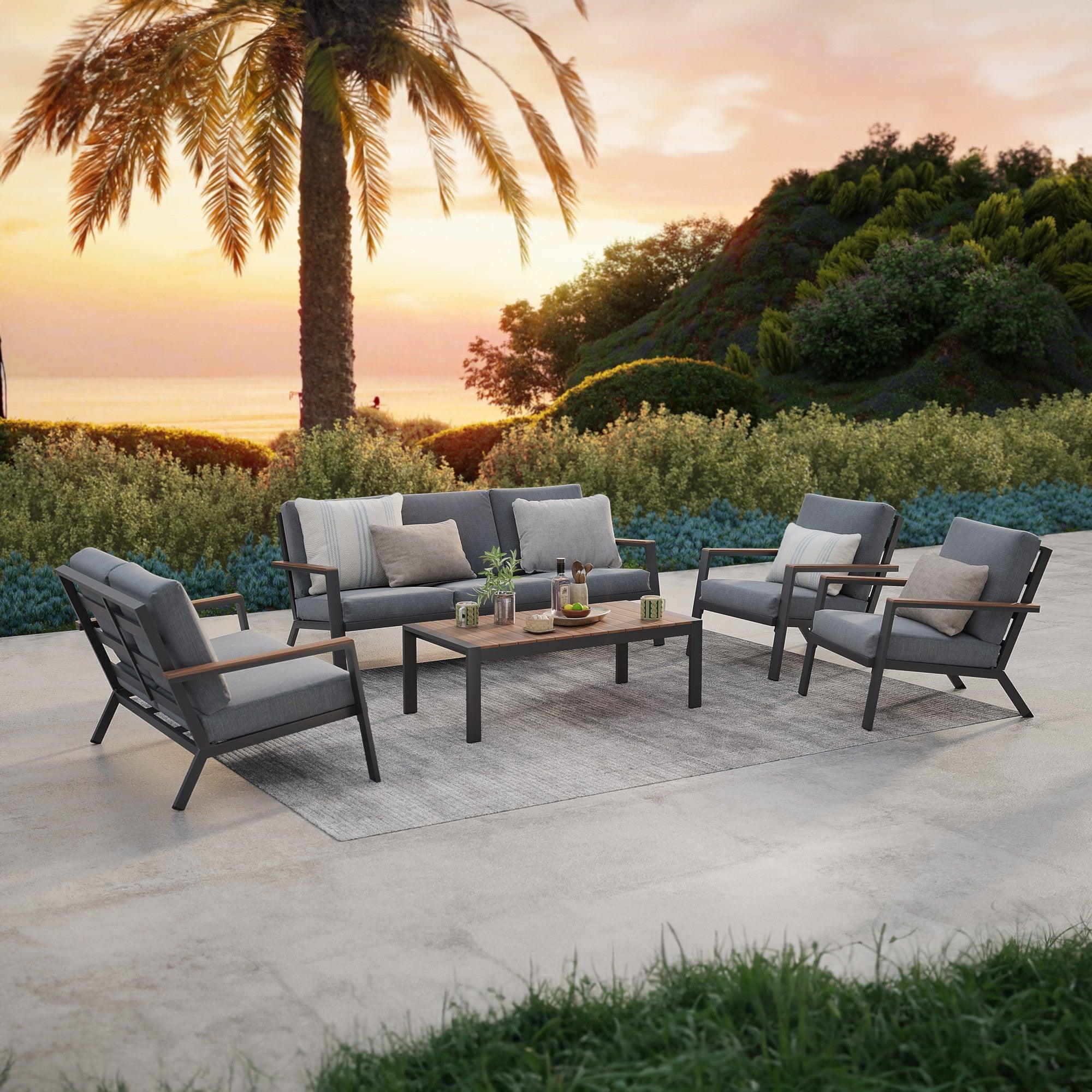 Ronda Modern Aluminum Outdoor Furniture, 5-Piece outdoor Sofa Set with aluminum frame, wood design armrest, grey cushions, a 3-seater sofa, a loveseat 2 arm chairs , 1 slat-top eucalyptus wood finish table,  put on the carpet, under the tree, beside the sea- Sunsitt Furniture #Pieces_5-pc