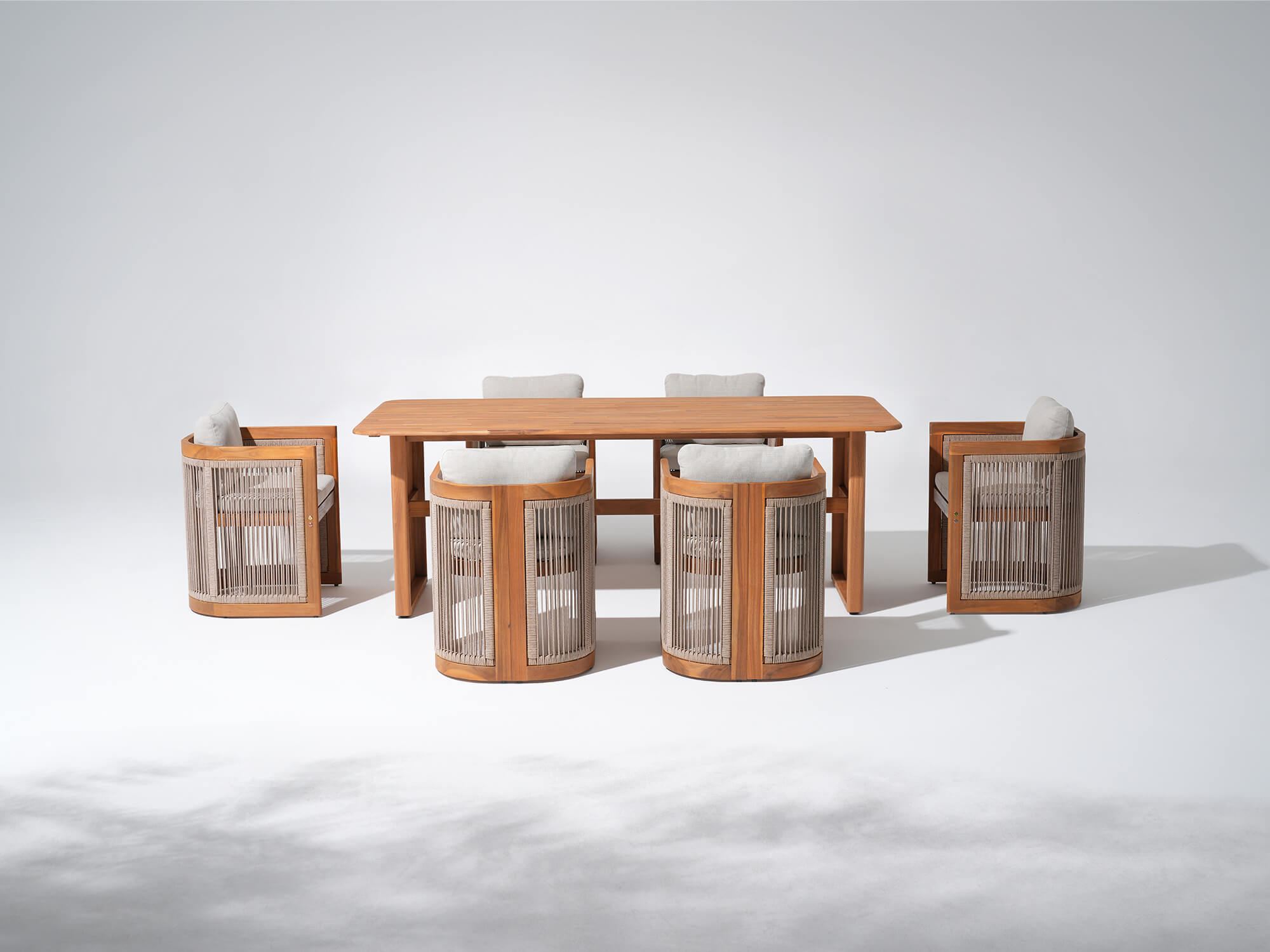 Wooden outdoor dining table and chairs for 6 people with woven rope design- Sunsitt Modern Premium Patio Outdoor Furniture