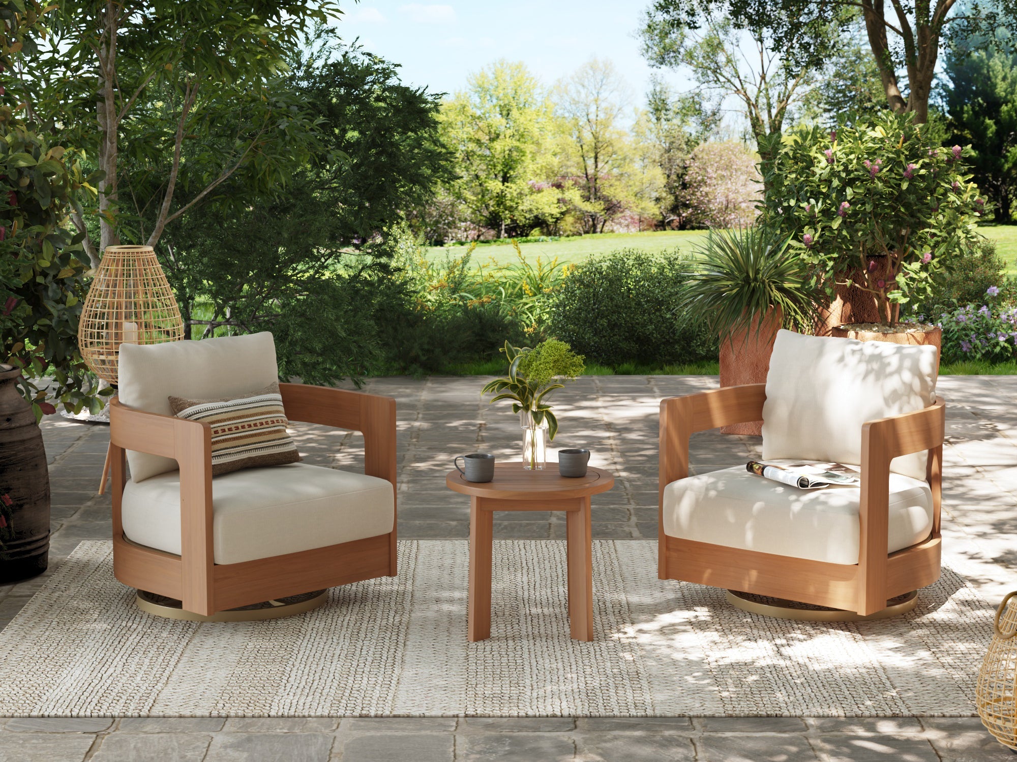 Sova 3-Piece Swivel Chair Set Eucalyptus Wood Patio Bistro Set