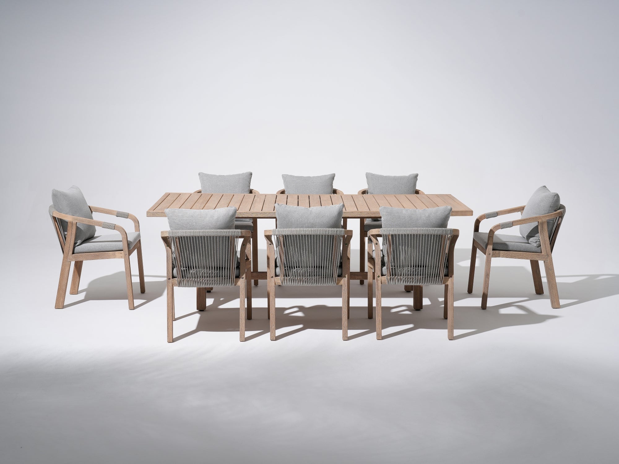 Wooden Outdoor Patio Dining Set For 8, a rectangular acacia wood outdoor dining table and 8 patio dining chairs with gray seat and back cushions, gray rope design - Sunsitt Premium Modern Outdoor Patio Dining Furniture Set