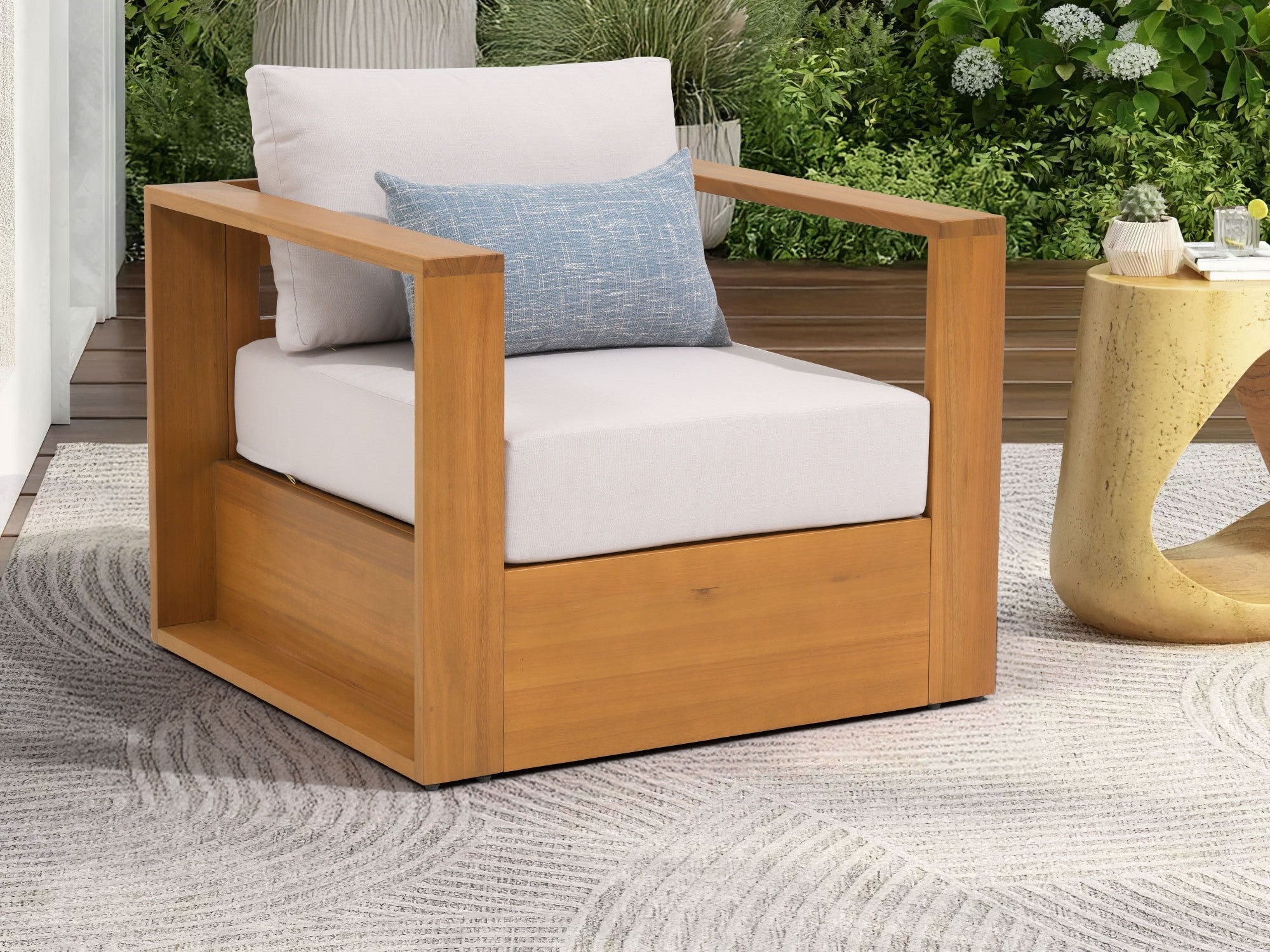 Foristern single sofa wood outdoor armchair, White Olefin Cushions - Sunsitt Modern Outdoor Furniture