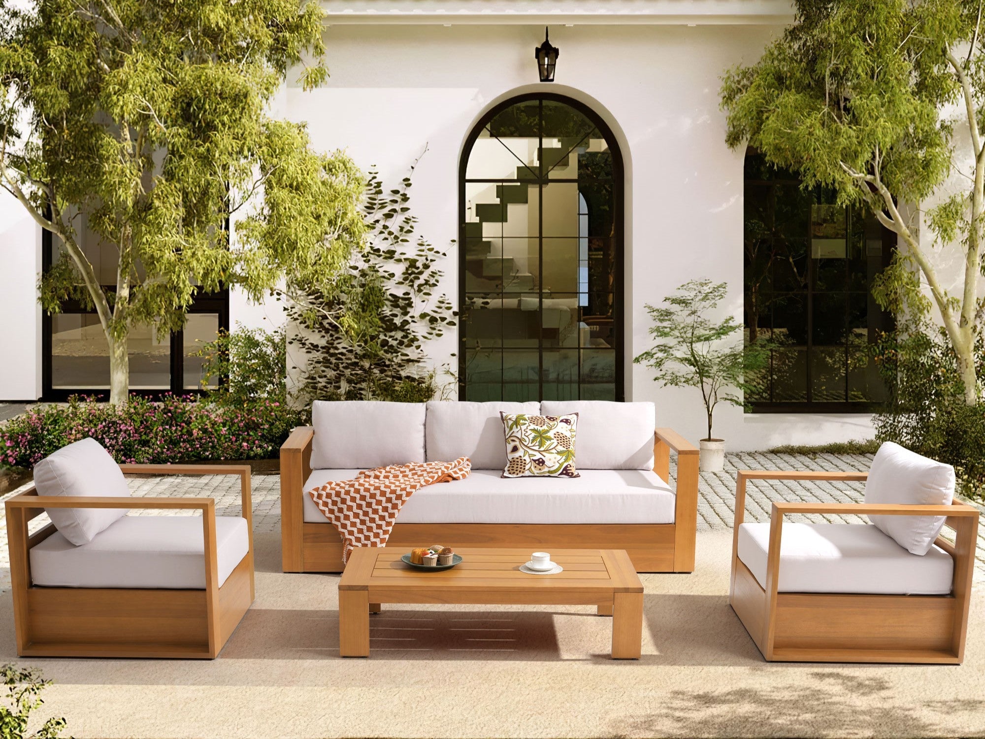 Foristern 4-Piece eucalyptus Wooden Outdoor sofa seating Set,  White Olefin Cushions - Sunsitt Modern Outdoor Furniture