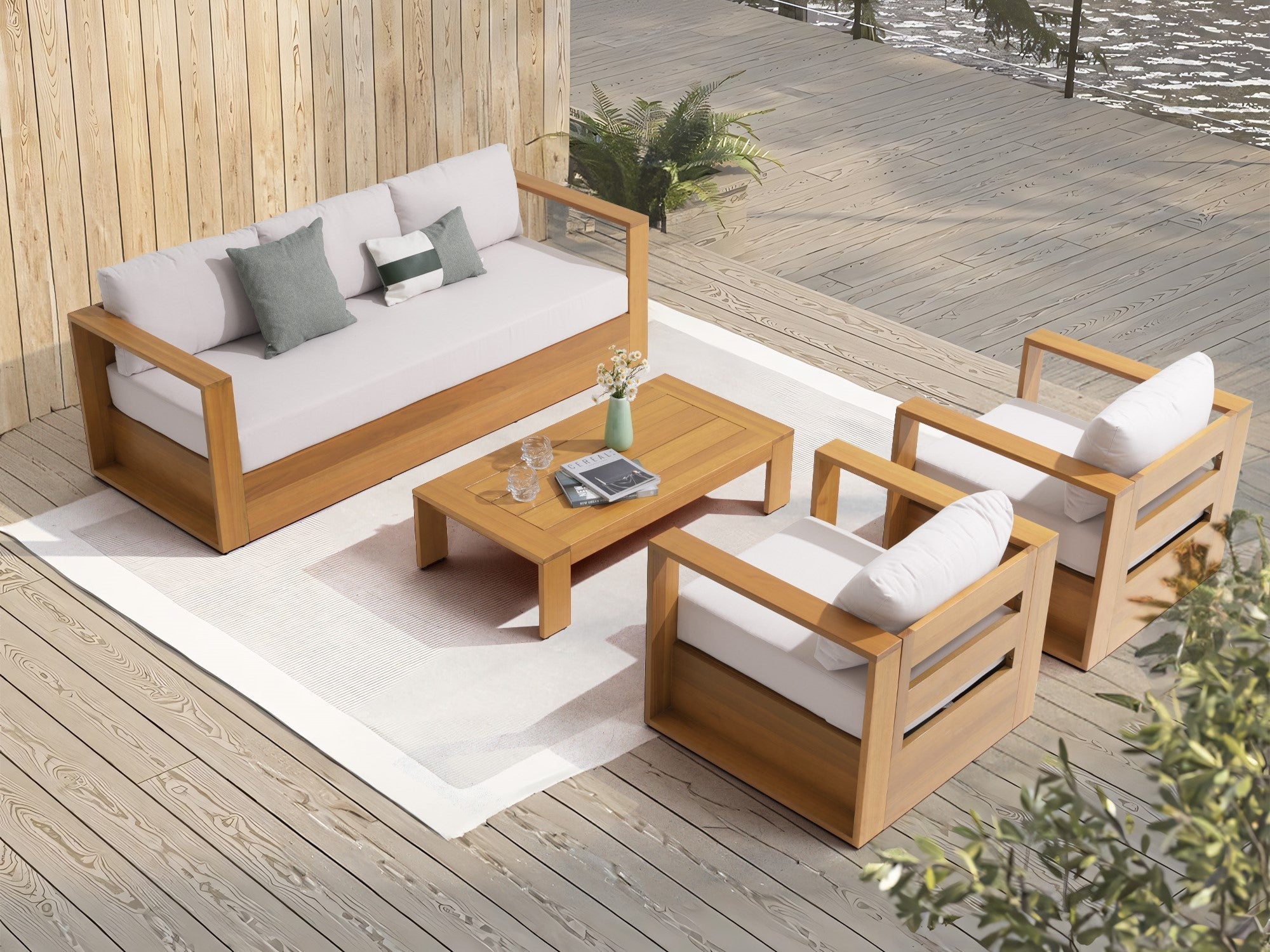 Foristern 4-Piece Wooden Outdoor Sofa Set, a 3-seater sofa, two single sofa, a coffee table, White Olefin Cushions - Sunsitt Modern Outdoor Furniture