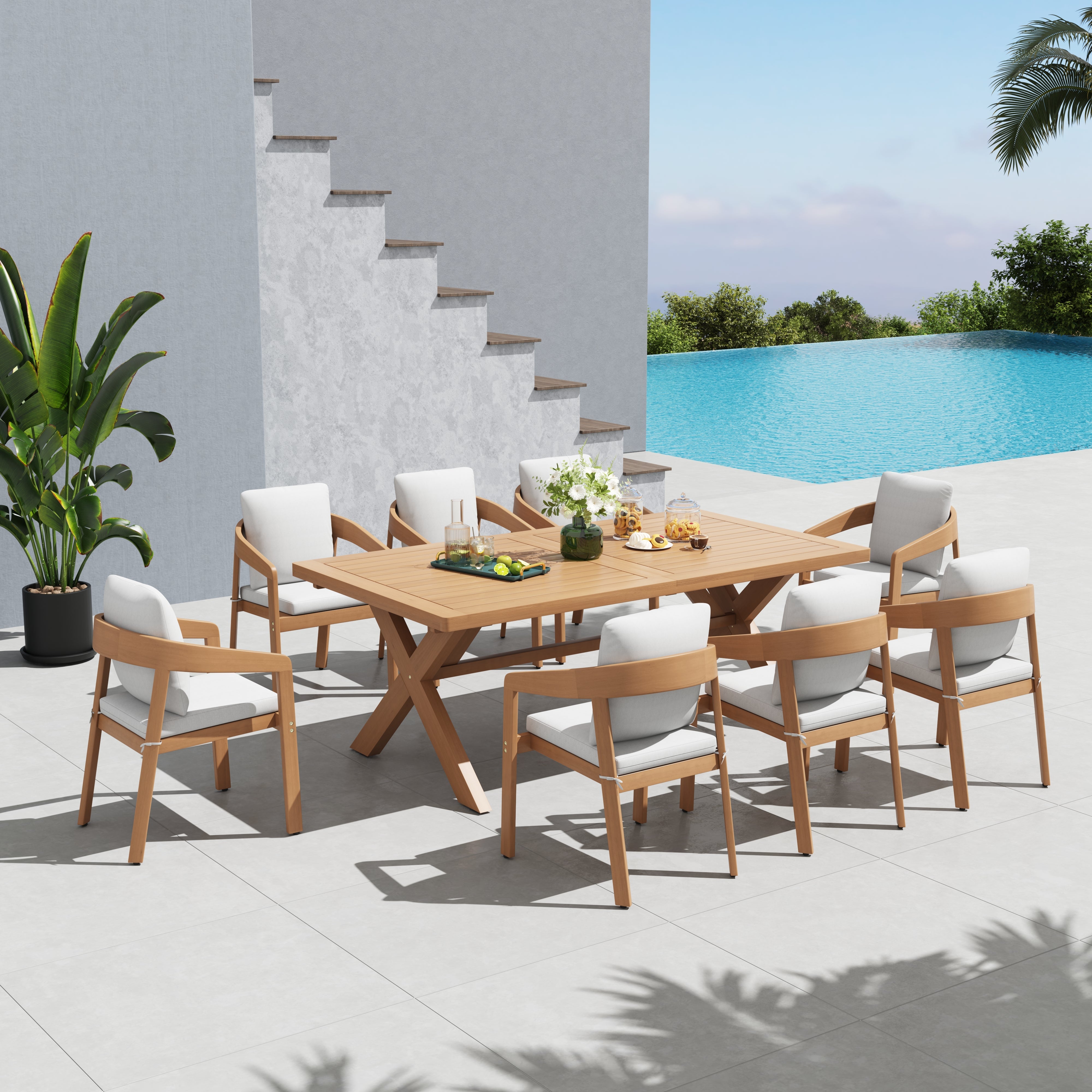 9pcs Outdoor dining set with wooden table and chairs by a poolside - Sunsitt’s Modern Premium Outdoor Furniture