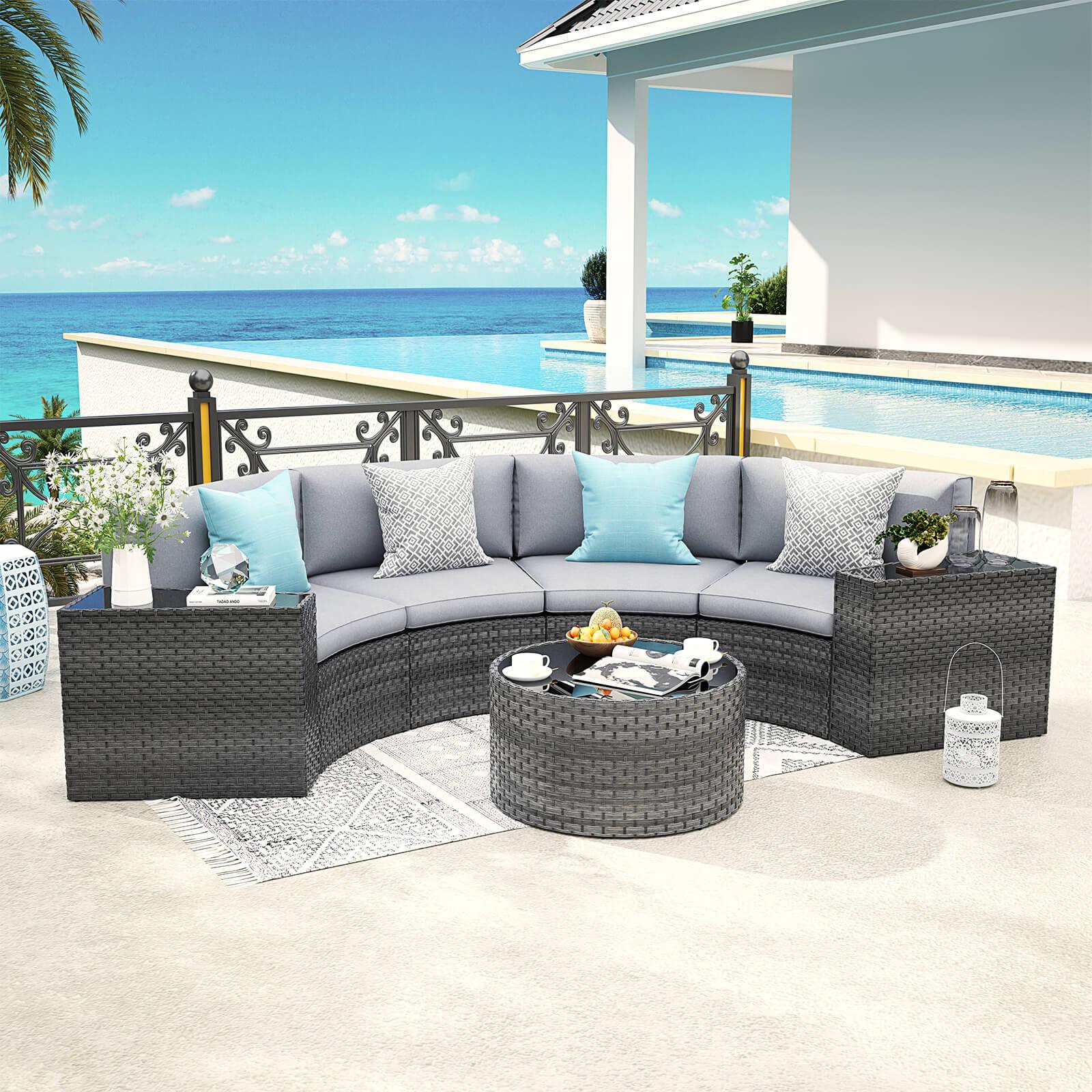 Boboli 7-piece Grey Wicker Curved Sectional Set with grey cushions, 1 Round Glass Table + 2 glass top side tables + 4 sectional sofas, front- Sunsitt Furniture #color_Grey