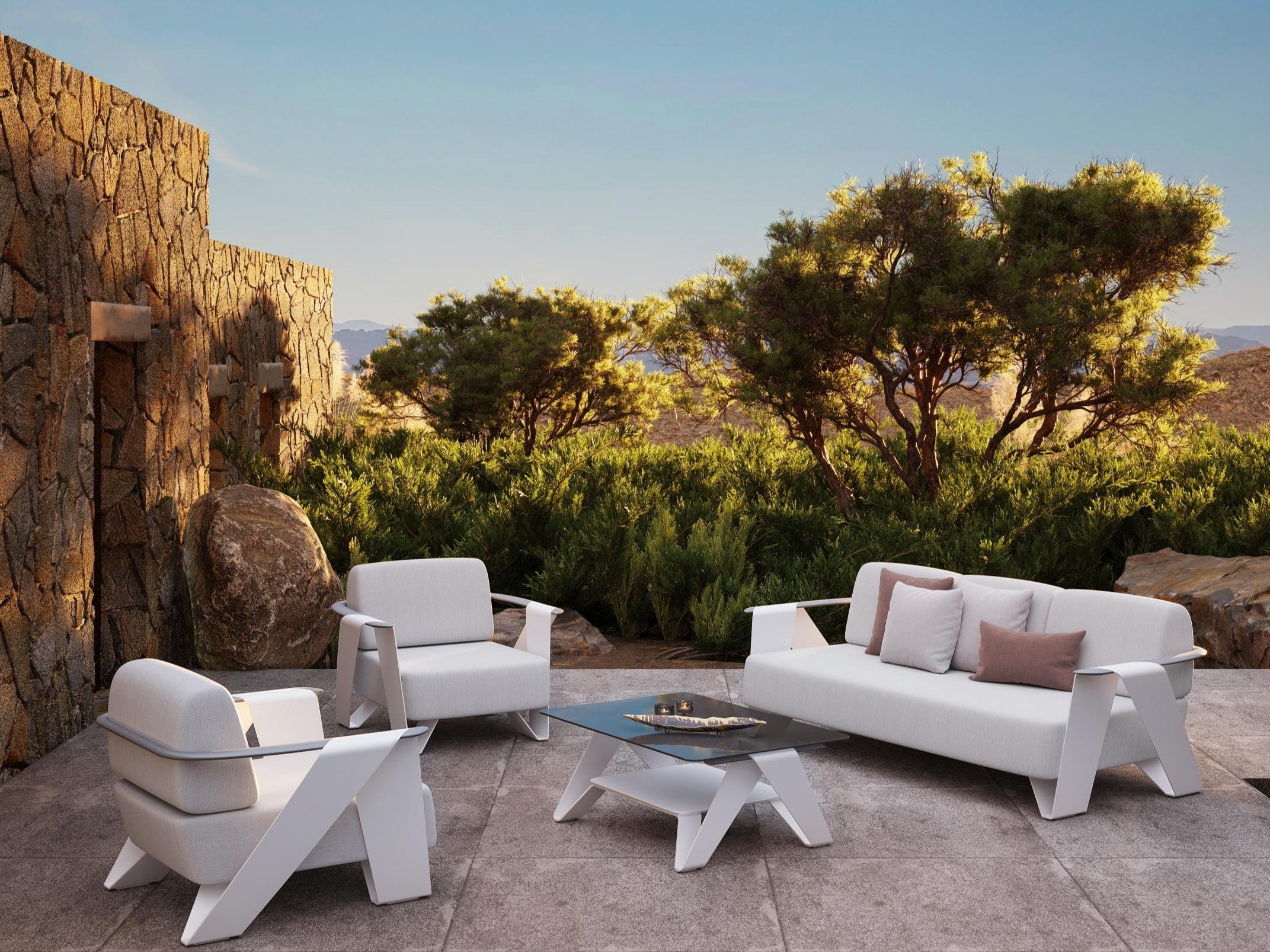 4-pcs white aluminum Outdoor conversation sofa set, white Aluminum Frame, White Cushions, a 3-seat sofa, two single sofa armchairs, a rectangular outdoor coffee table with Tempered Glass Tabletop - Sunsitt Premium Modern Outdoor Patio Furniture Set