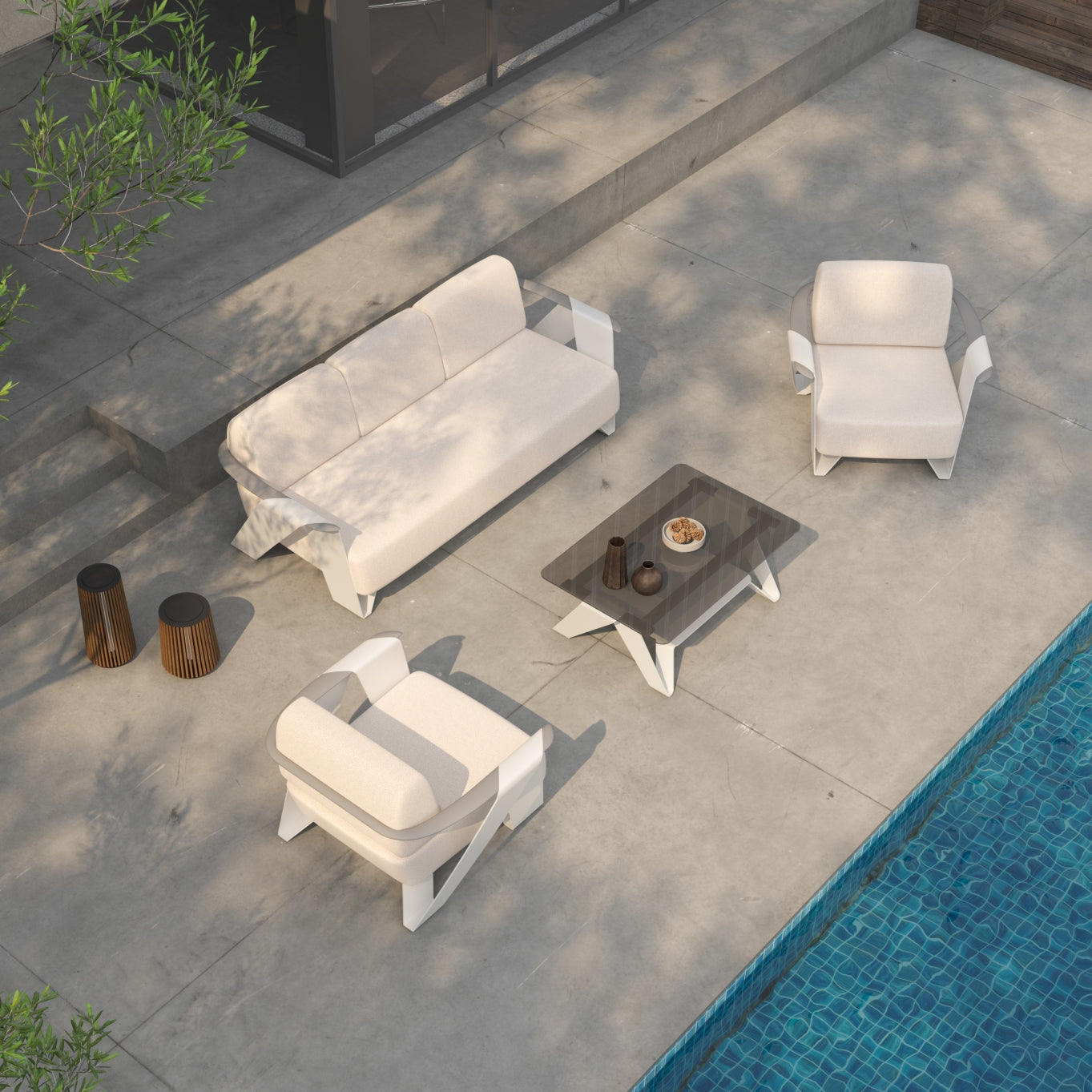 white outdoor sofa set, white aluminum frame and white cushions - Sunsitt Premium Modern Outdoor Patio Furniture