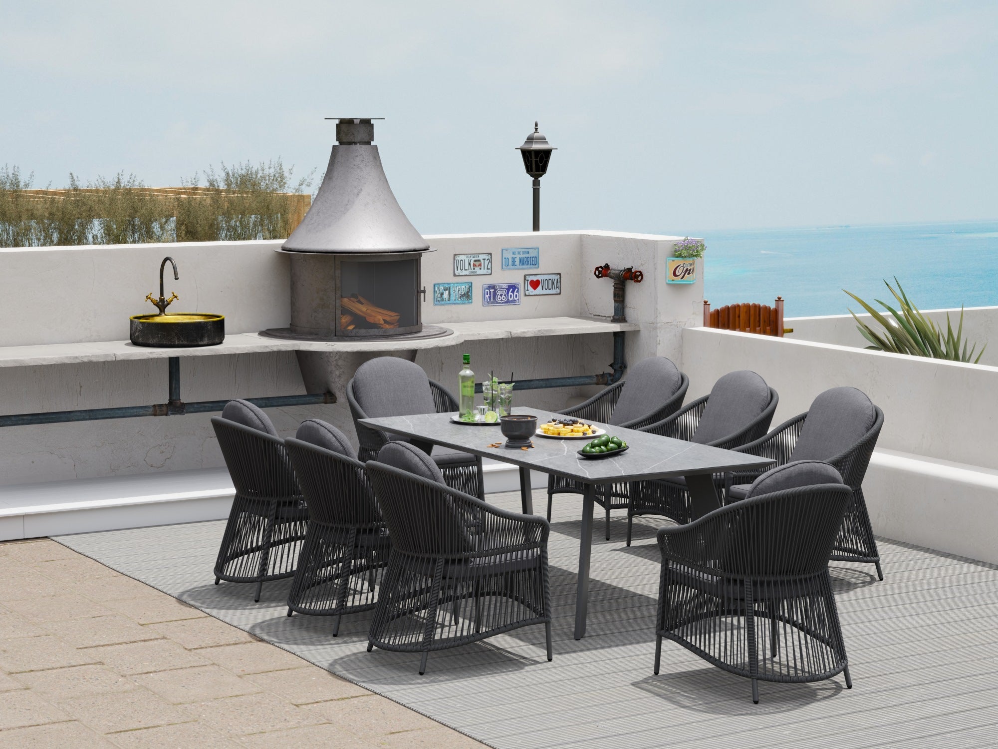 Wonder Outdoor Dining Set For 8 People, Aluminum& Sintered Stone, 90.6''