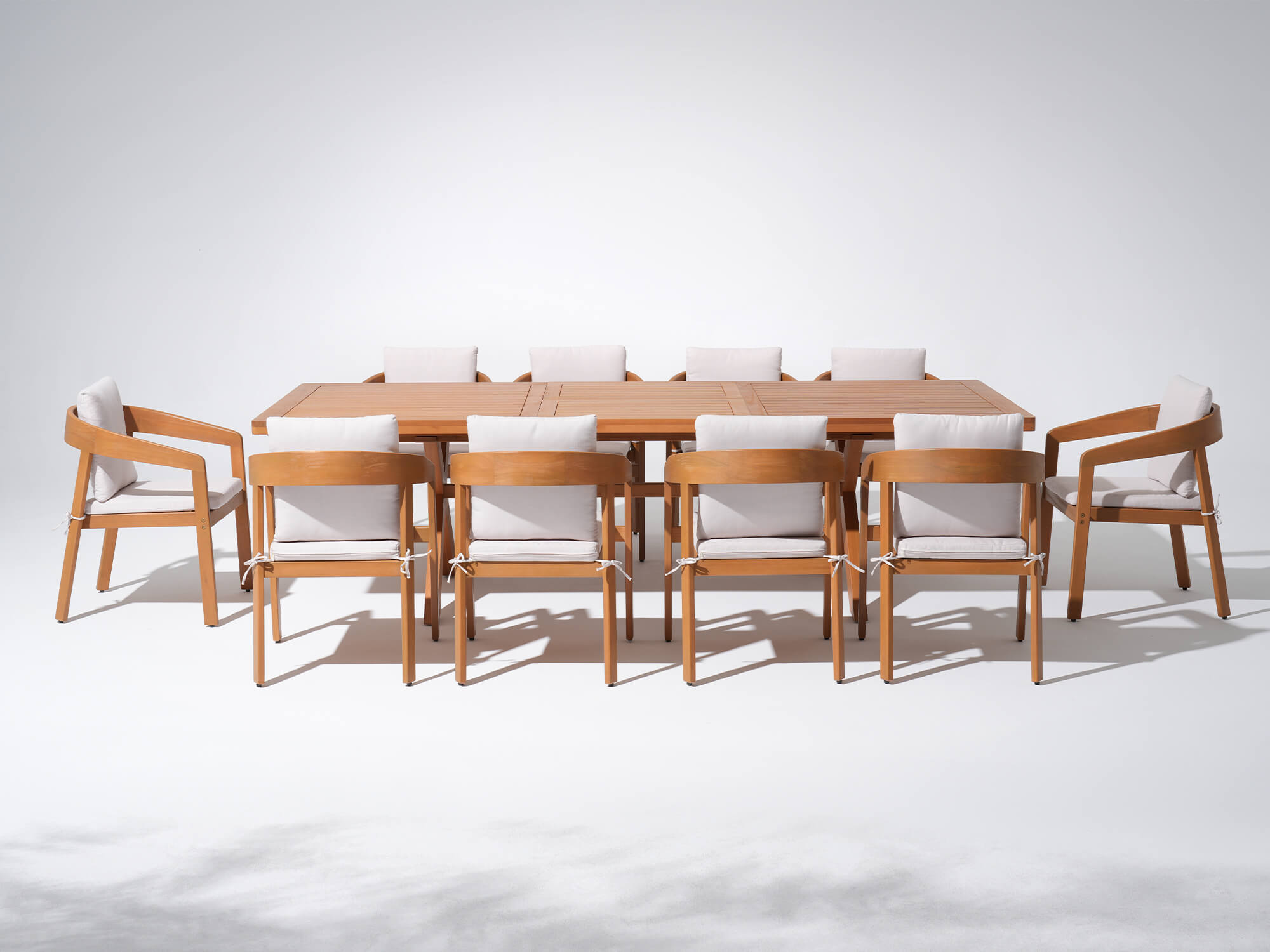 11pcs Eucalyptus Wooden dining table and chairs with white cushions - Sunsitt’s Modern Premium Outdoor Furniture